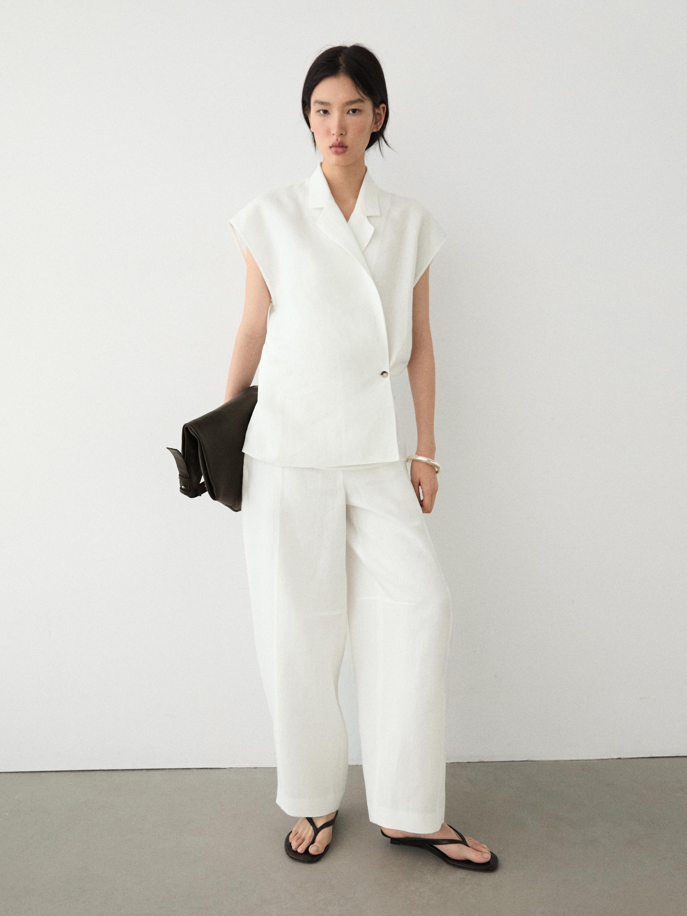 Linen double-breasted lapel vest — Off white