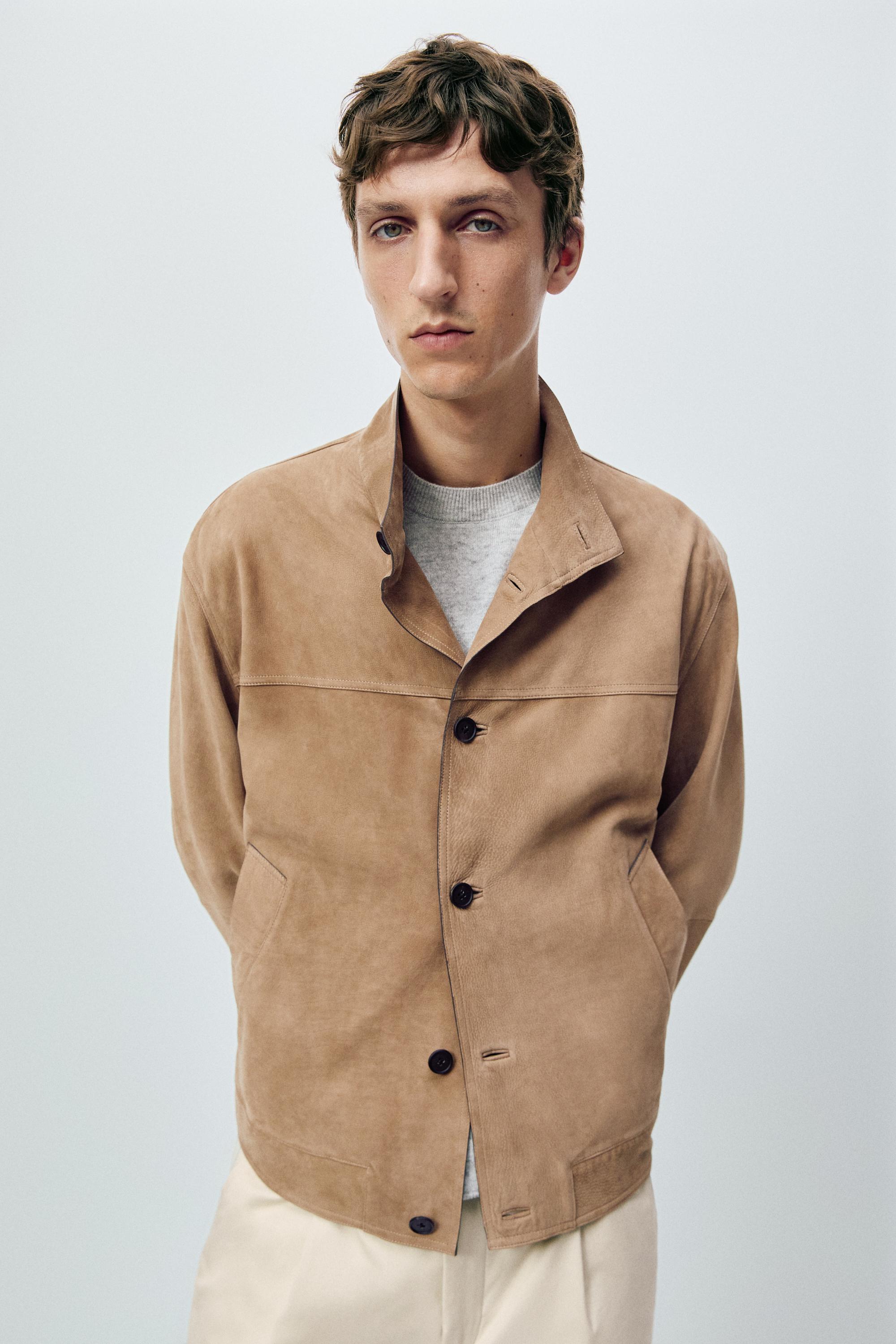 Nubuck leather jacket with stand-up collar — BEIGE
