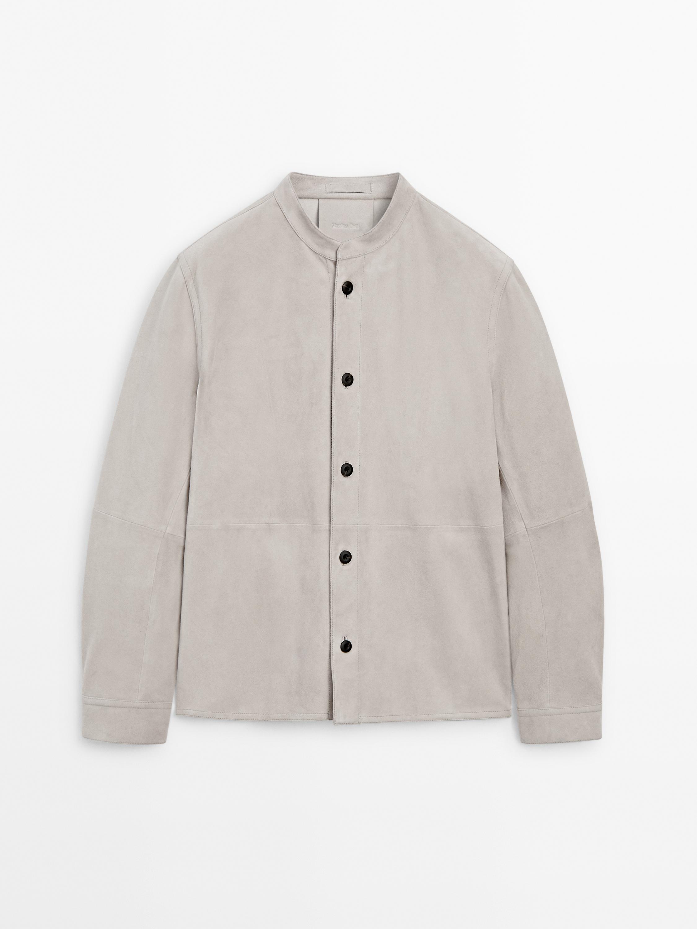 Suede leather shirt with stand collar