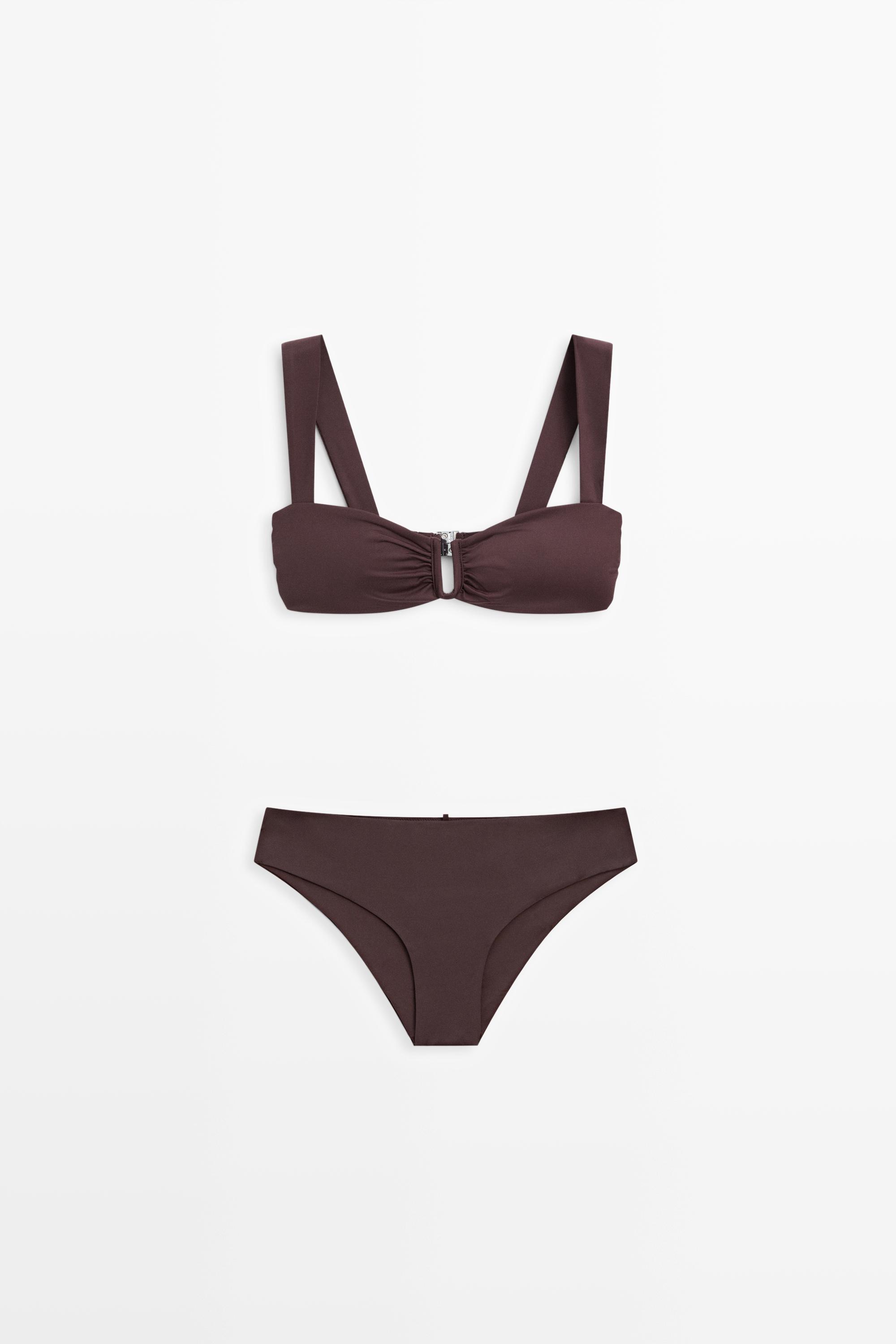 Strappy bikini top with gathered detail — BROWN