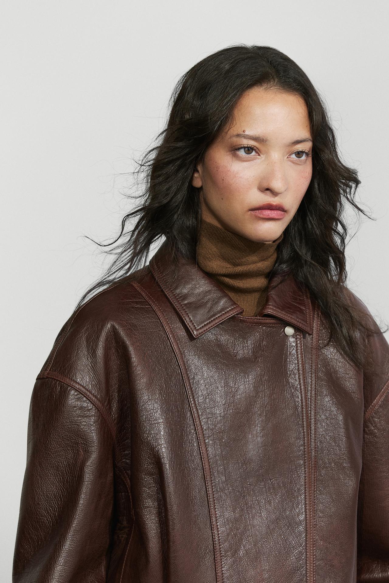 Pleated-detail Nappa leather jacket — BROWN