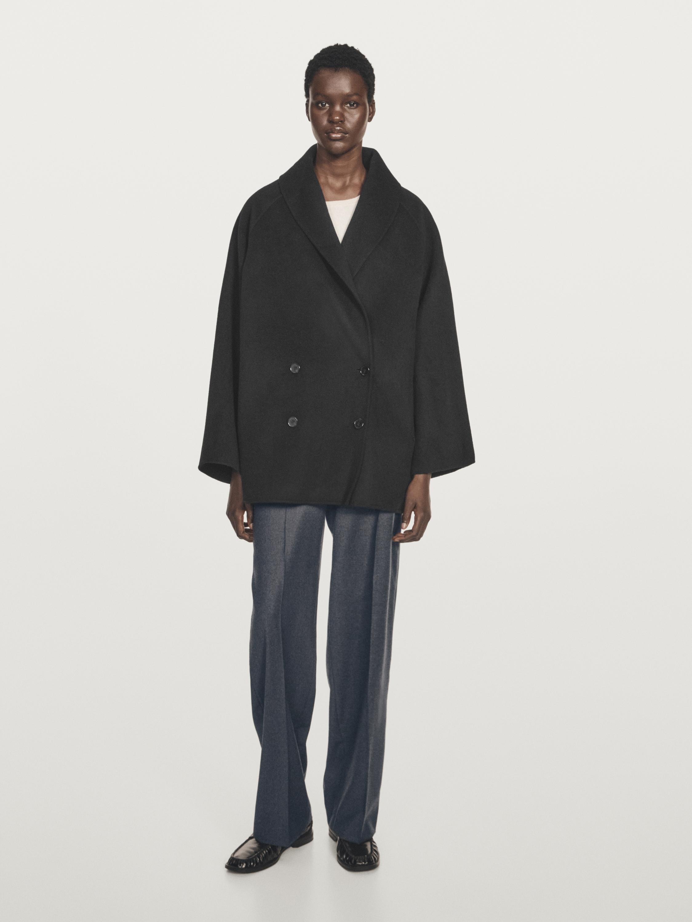 معطف متوسط الطول من الصوف المخلوط بياقة مطوية