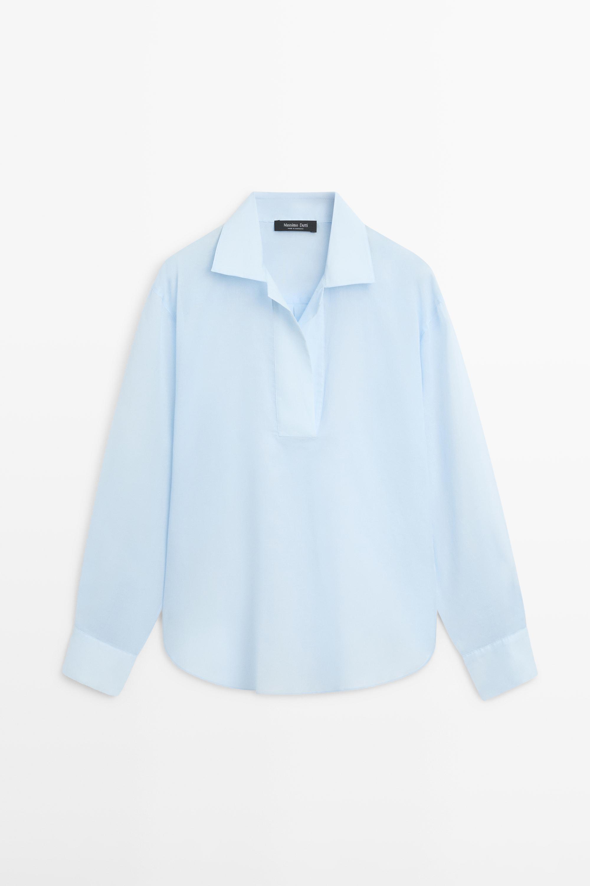 Flowing 100% cotton shirt with collar detail — SKY BLUE