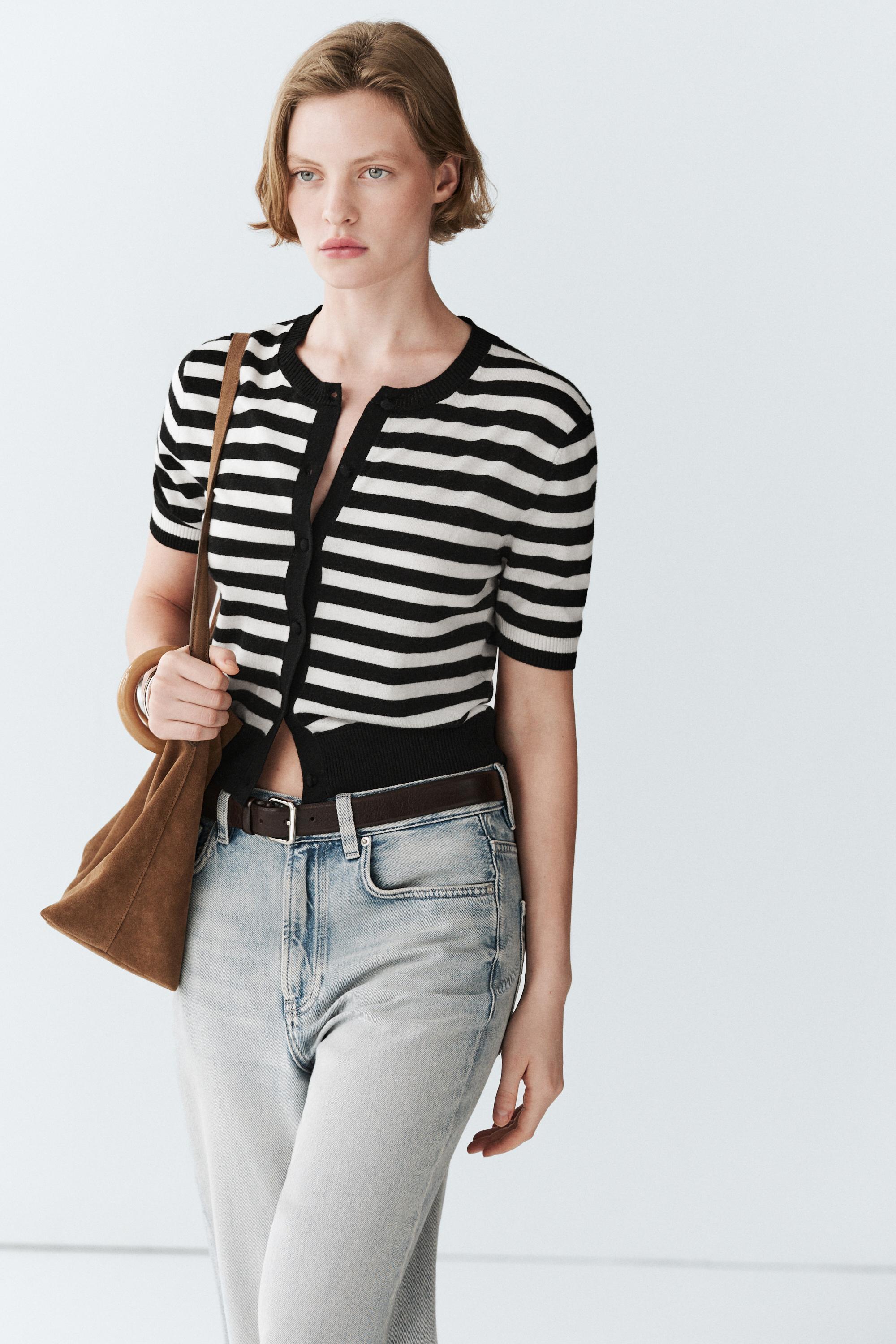 Striped short sleeve knit cardigan — BLACK