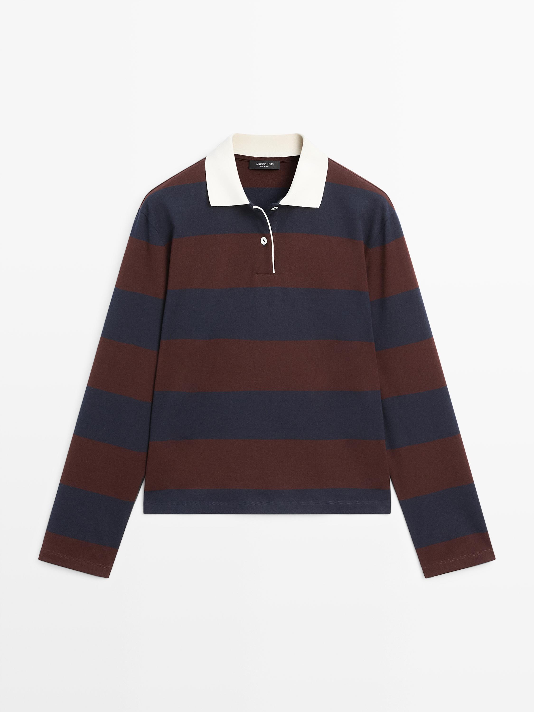 Front view of a navy blue long-sleeved t-shirt with brown stripes and a white collar.