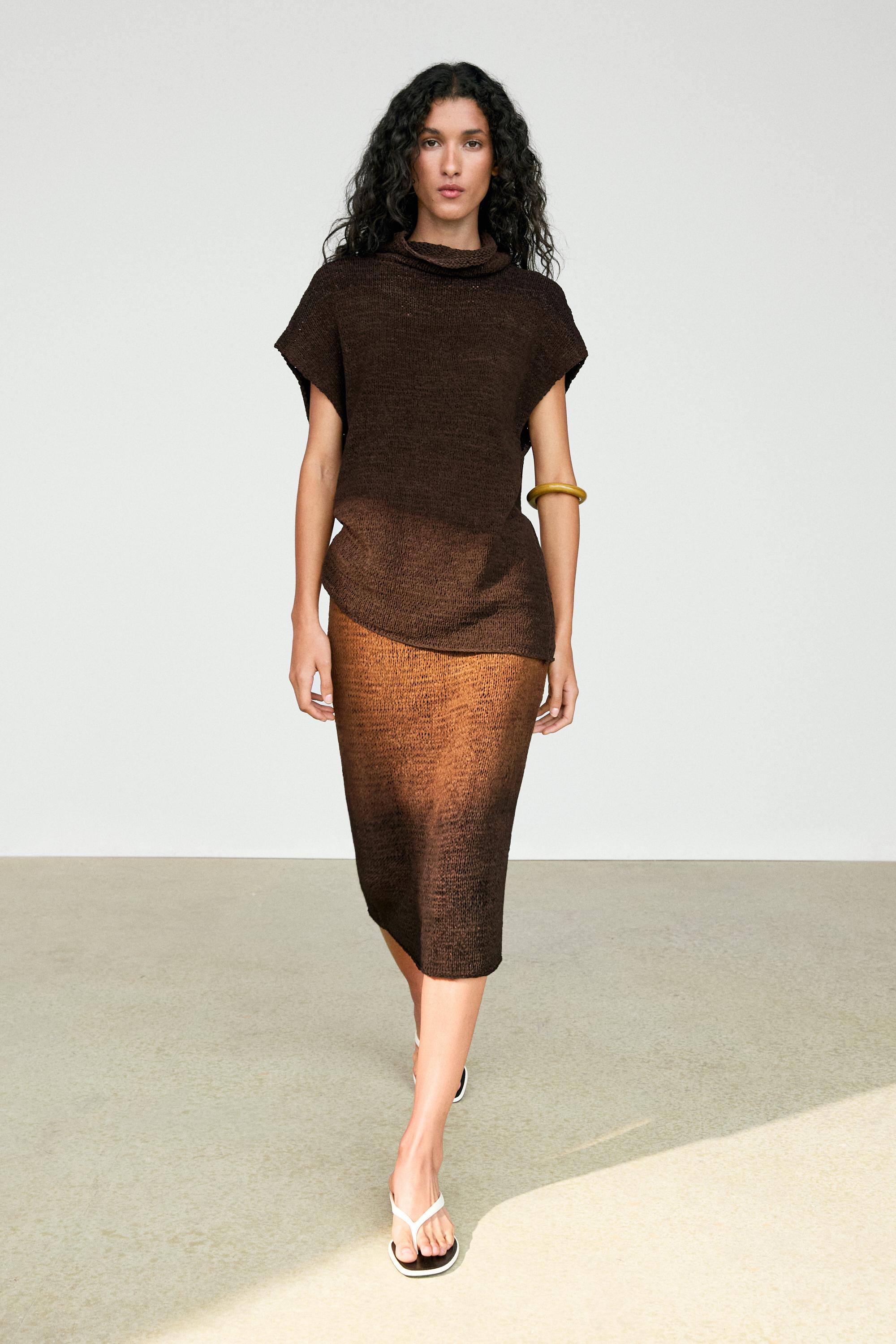 Suede leather knit top — BROWN