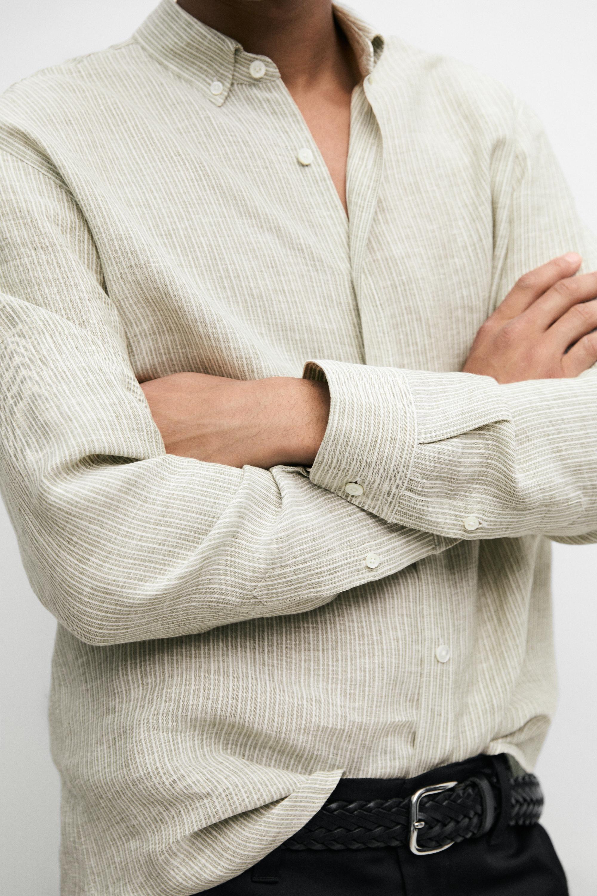 100% linen regular fit striped shirt — GREEN