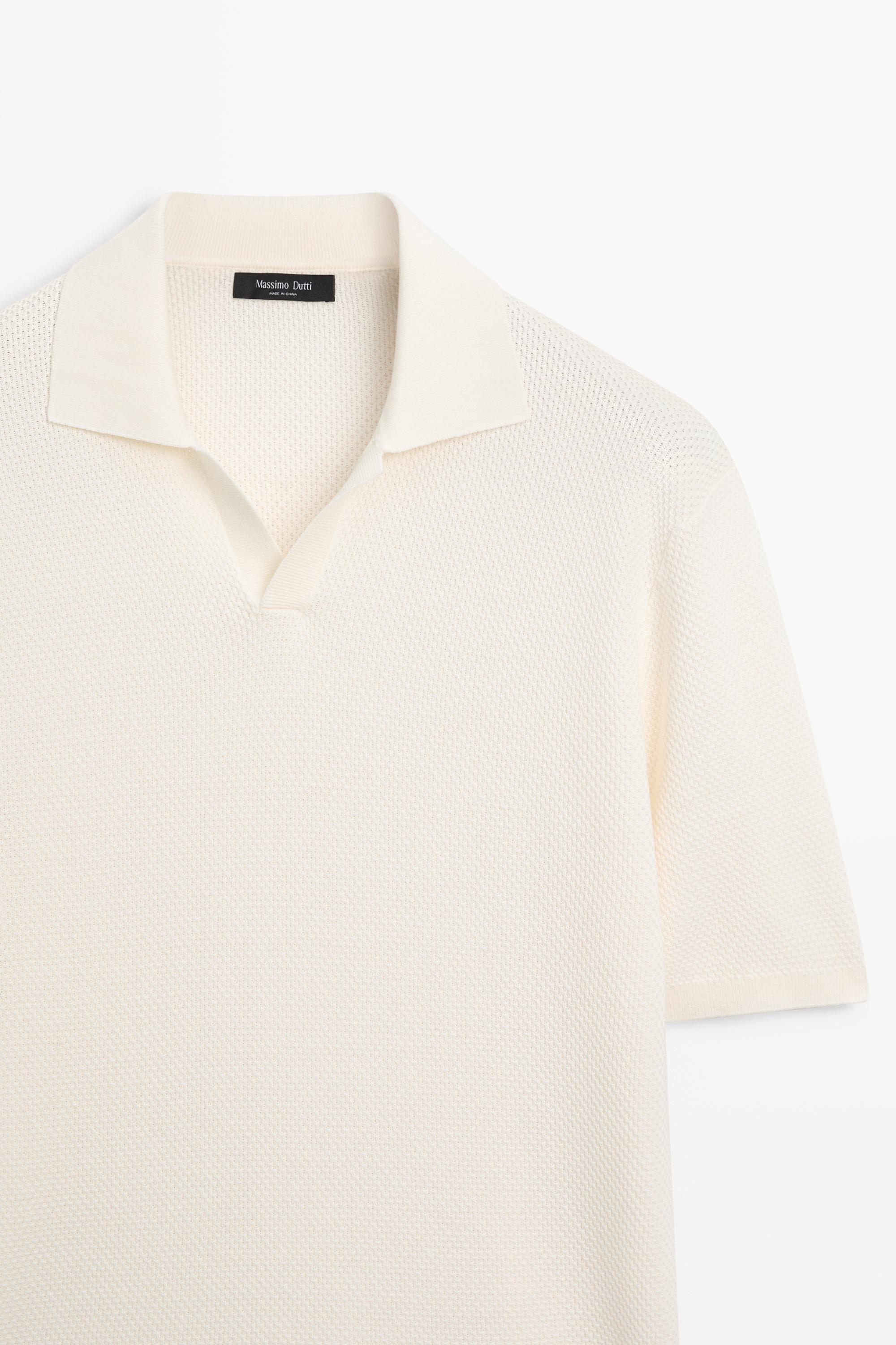 Cotton blend knit V-neck polo shirt — CREAM