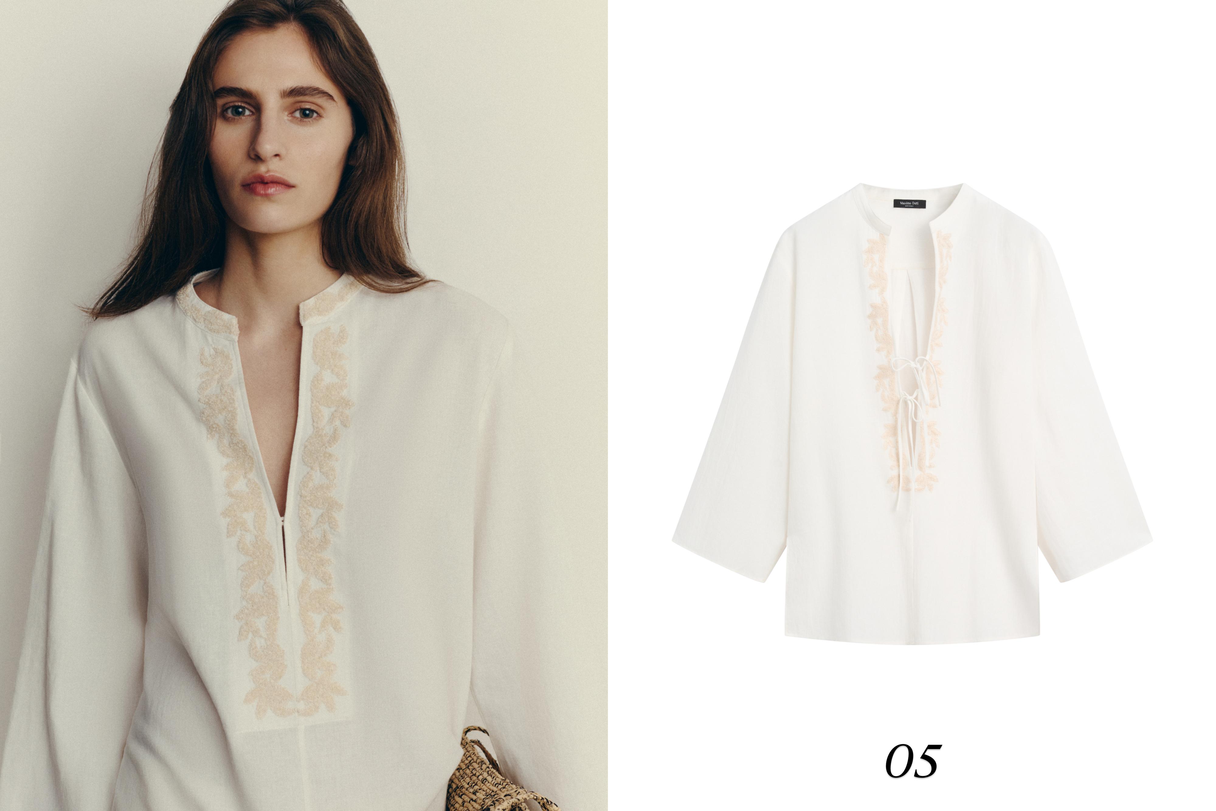 Flowing oversize blouse with stand collar and embroidery — CREAM