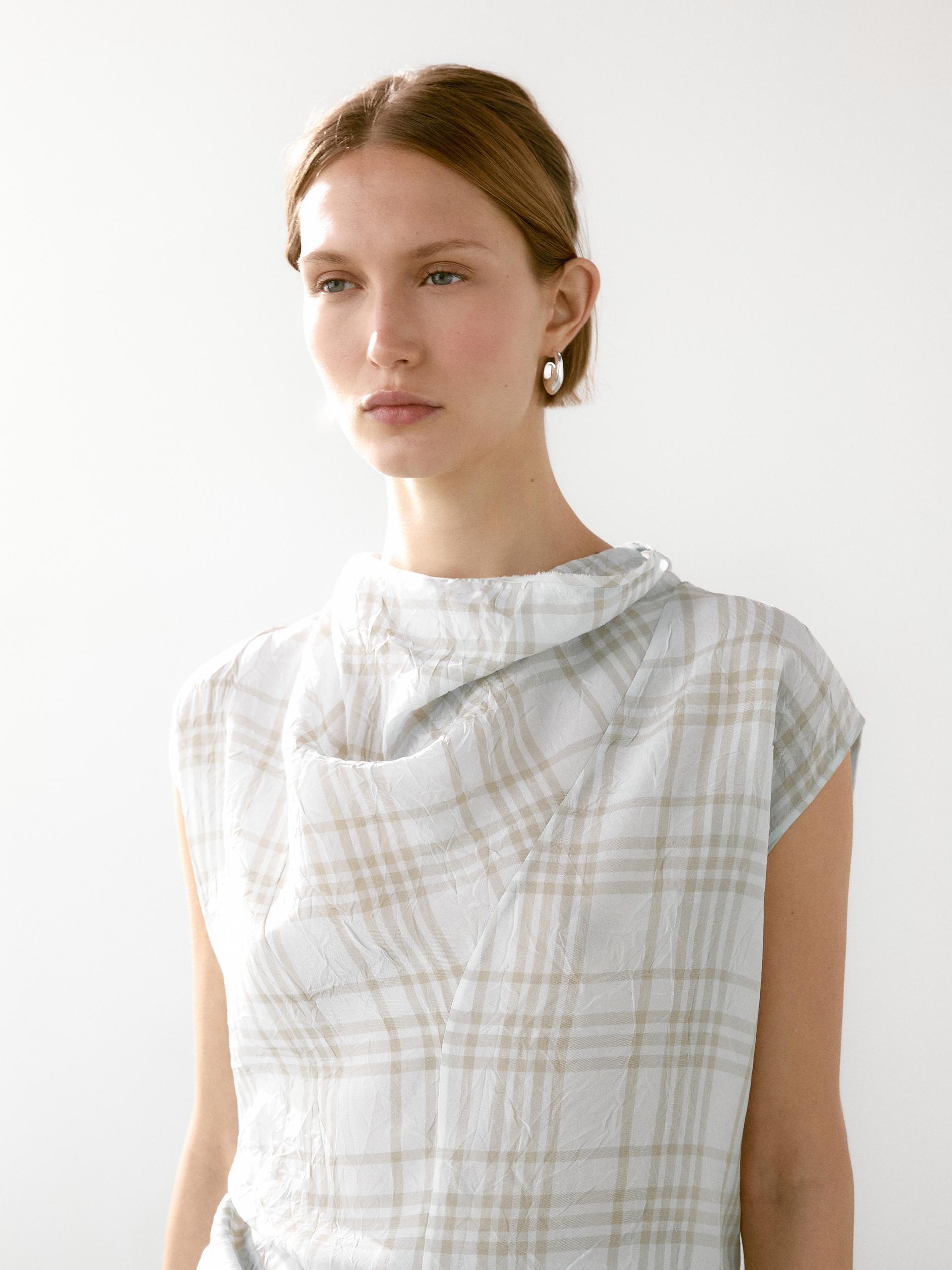 Top A Quadri Con Collo Drappeggiato - Celeste - L - Massimo Dutti - Femminile