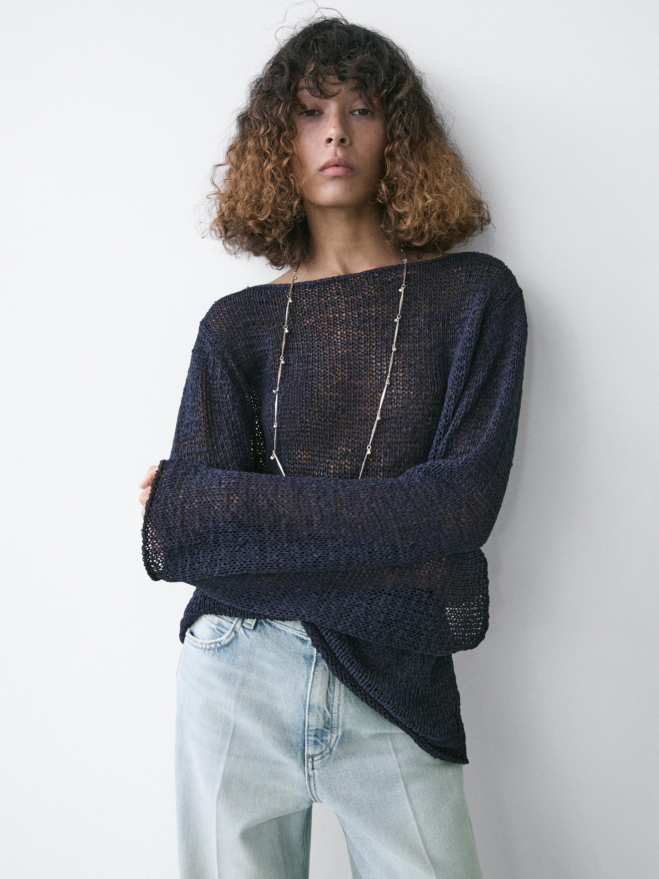 Cotton blend knit boat neck sweater — Dark Blue