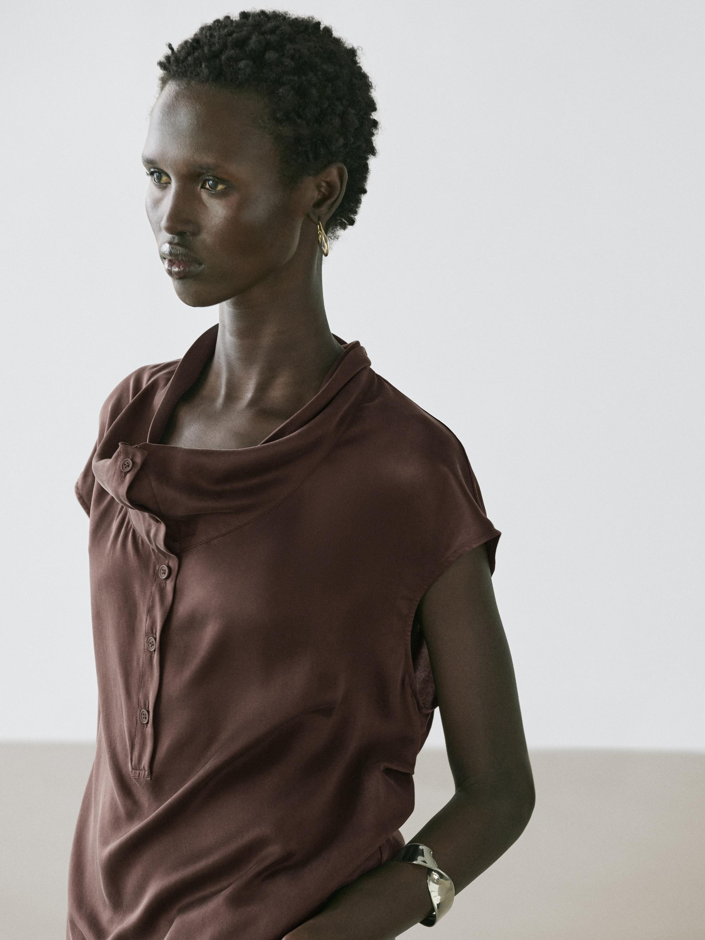 Asymmetric draped top — BROWN