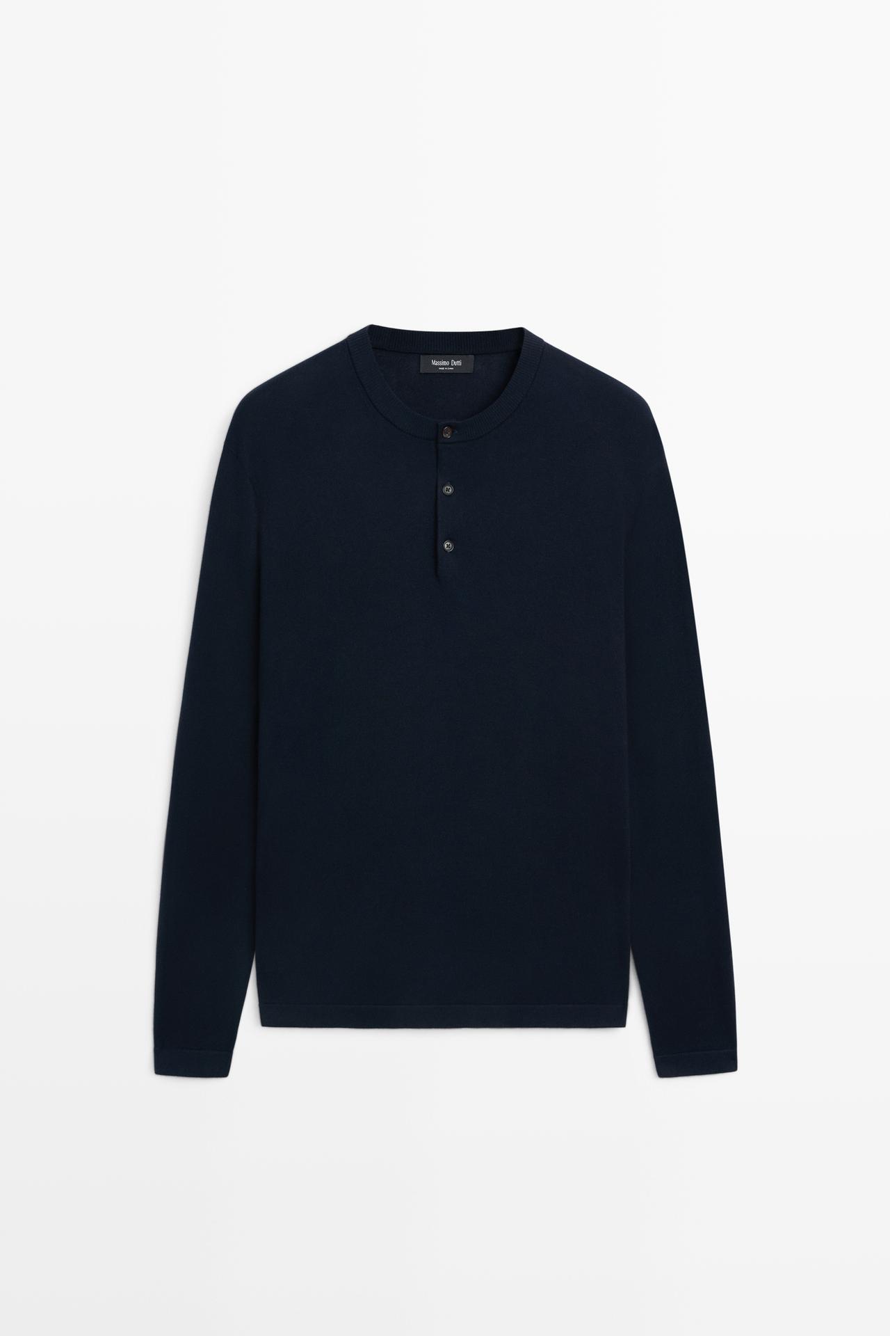 100% Cotton Henley Neck Knit Sweater — NAVY BLUE
