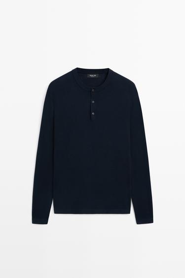 100% Cotton Henley Neck Knit Sweater — NAVY BLUE 2