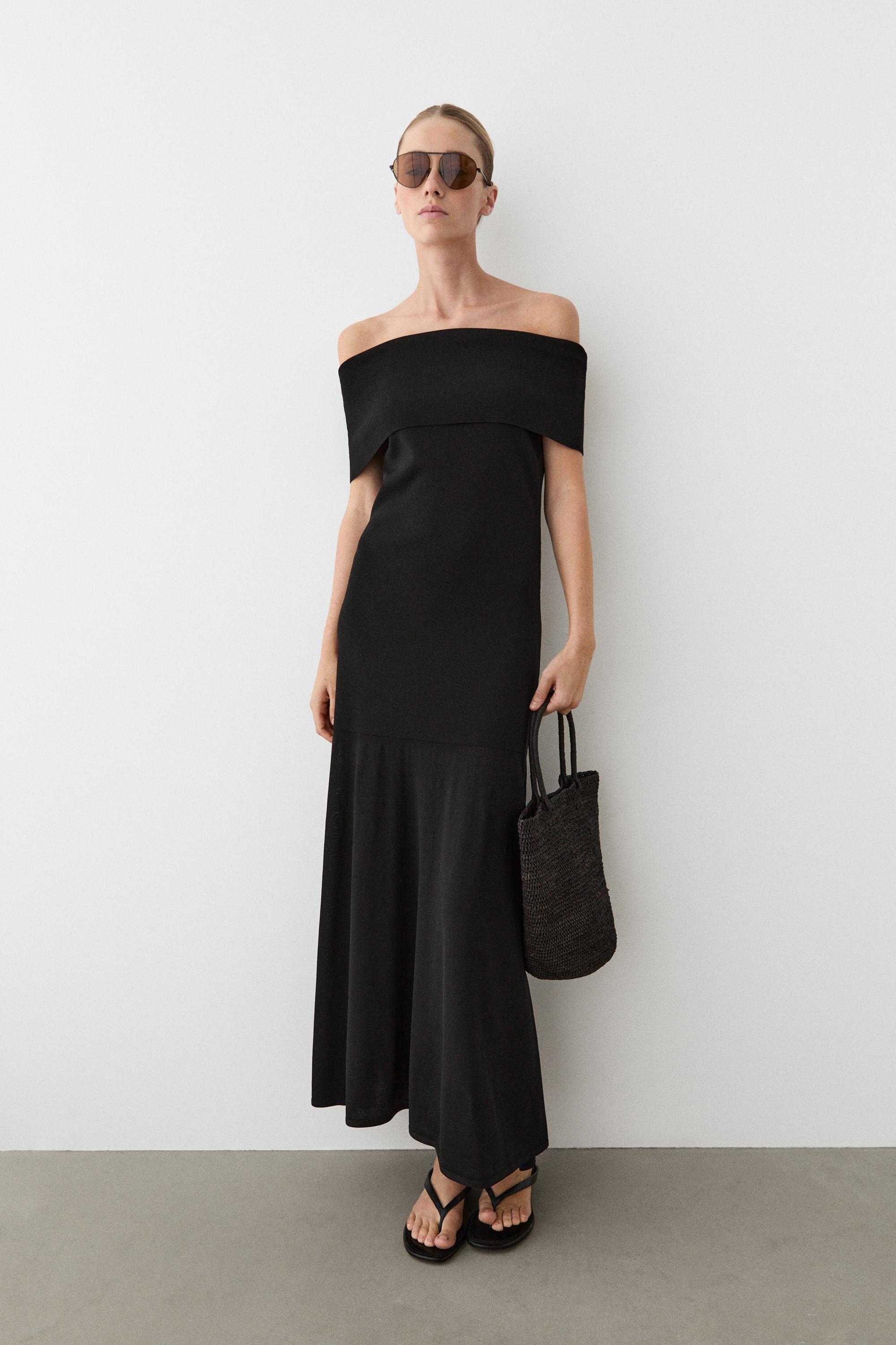 Knit midi dress with exposed shoulders — BLACK