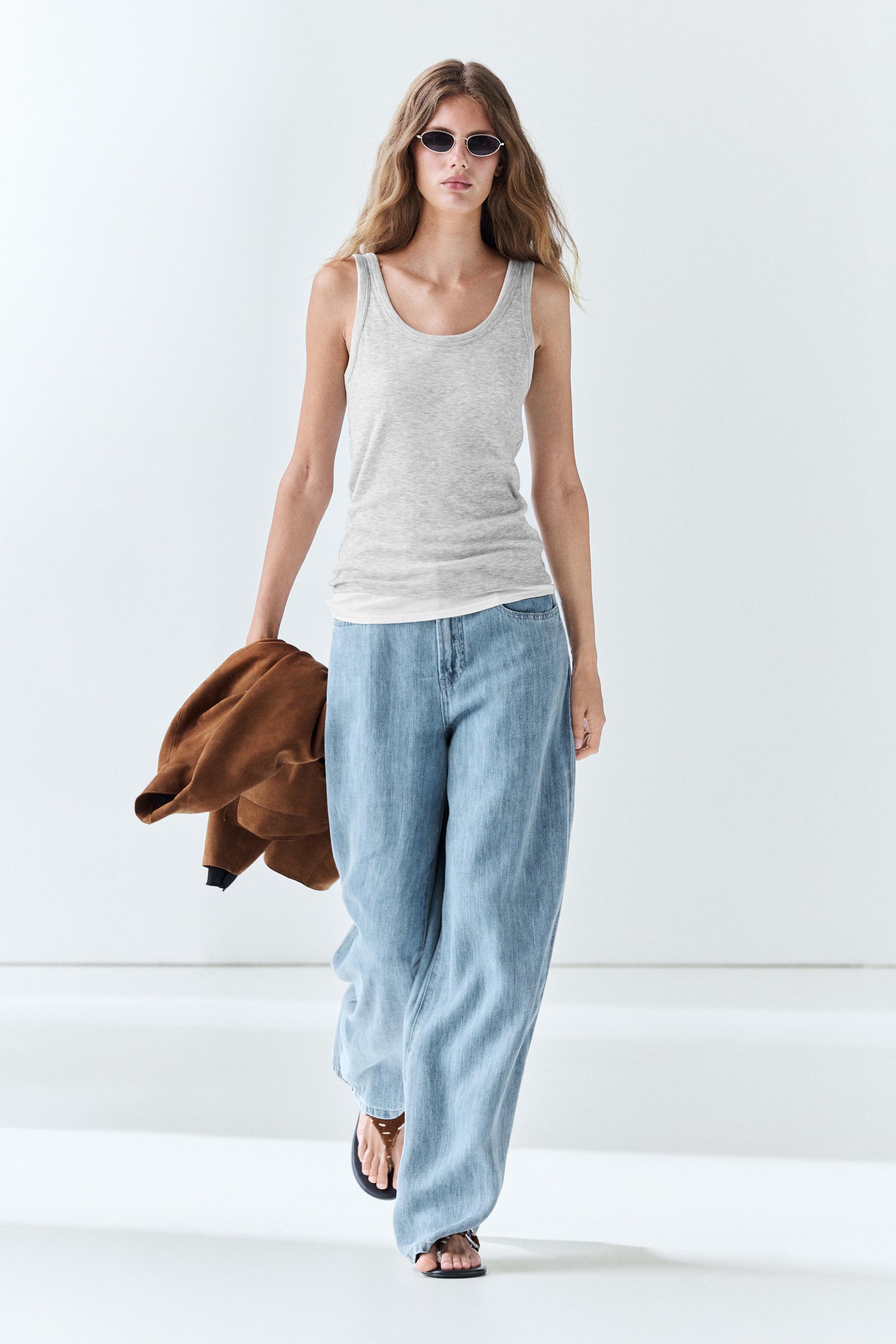 Cotton blend ribbed double-layer top — GREY