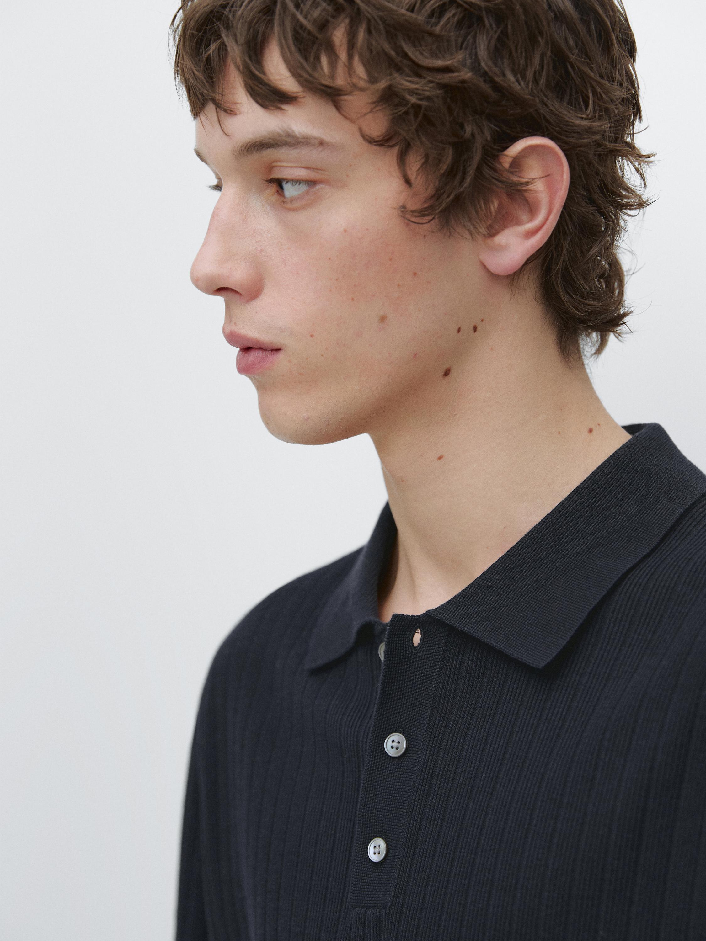 Ribbed knit cotton polo shirt — NAVY BLUE