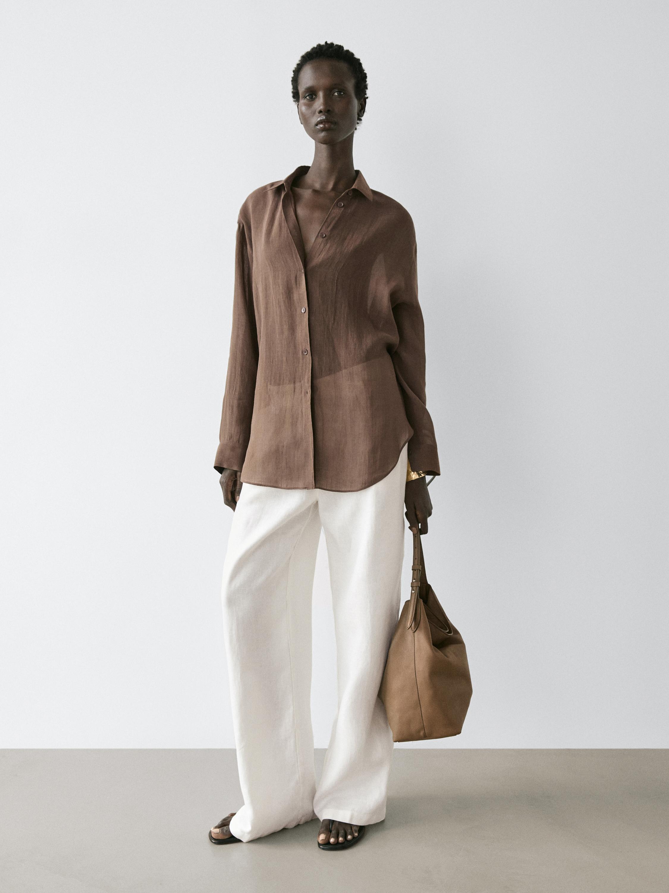 Flowing shirt with shirt collar — BROWN