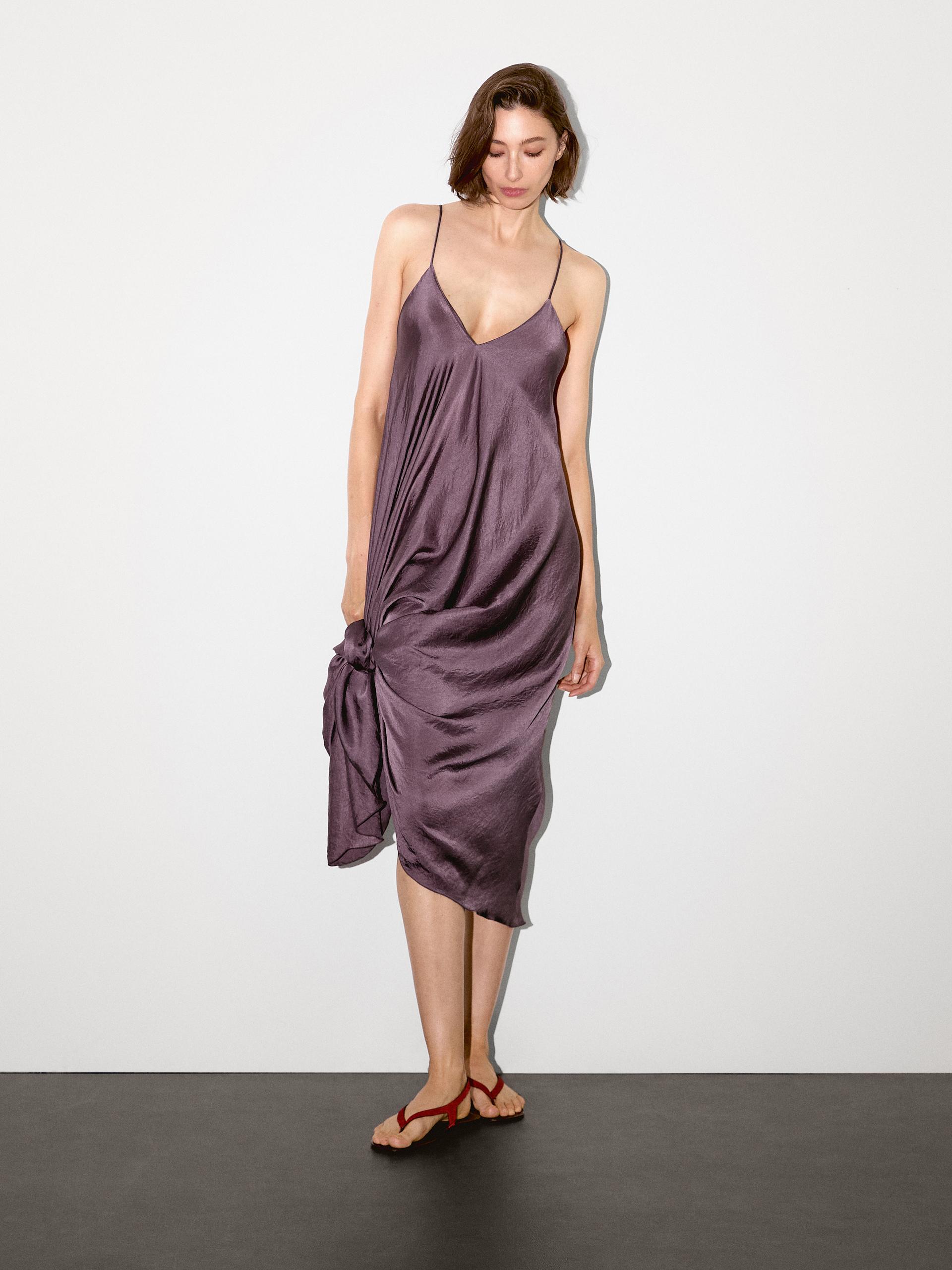 Luźna Satynowa Sukienka Średniej Długości − Studio - Różowawy - M - Massimo Dutti - Kobieta