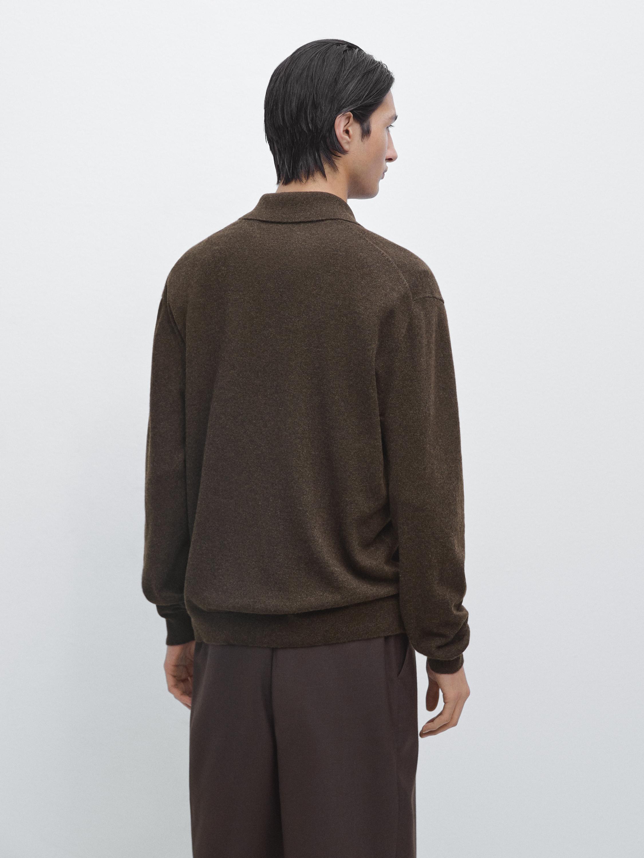 100% cashmere knit polo collar sweater — BROWN MARL