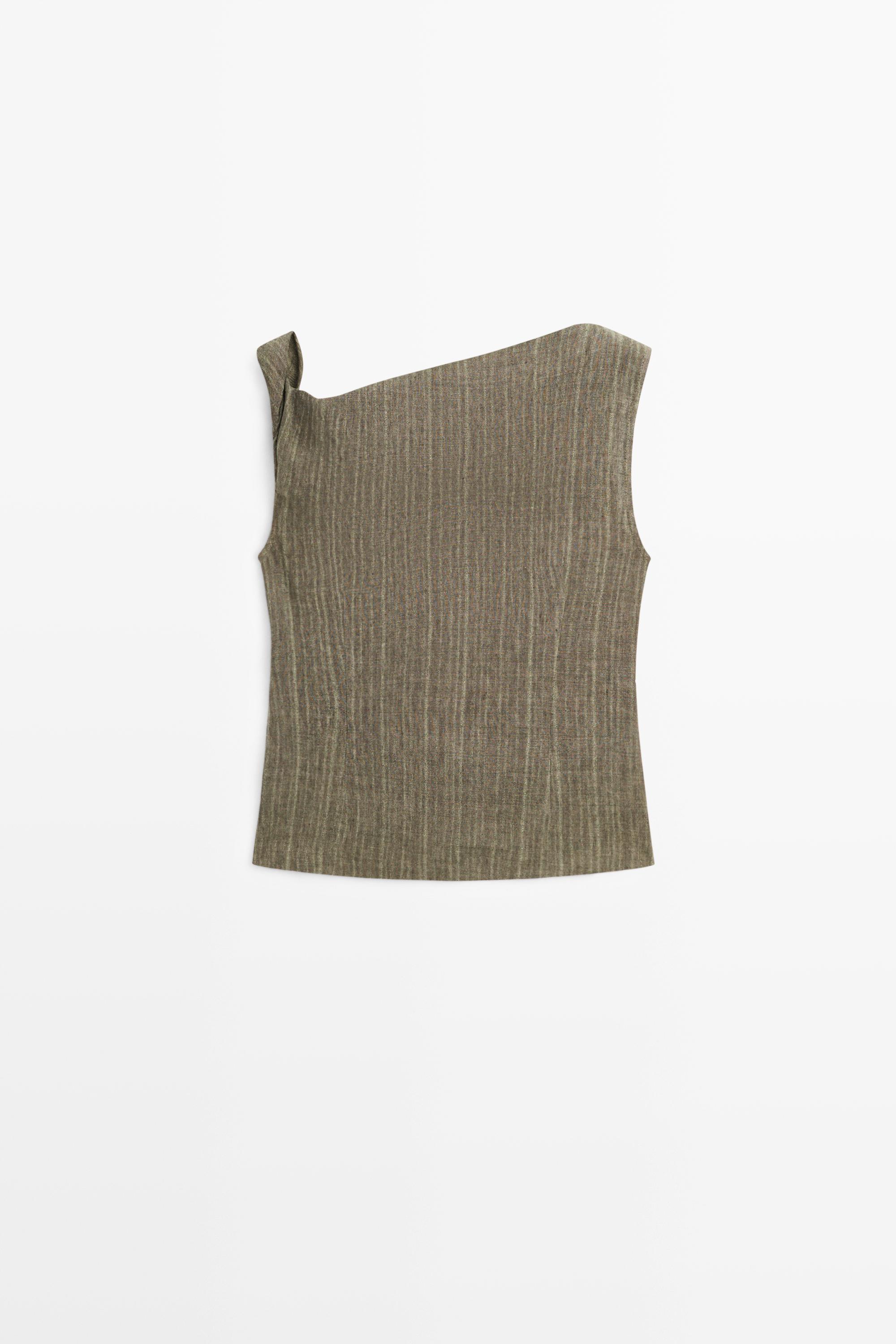 Total look 100% linen asymmetric top — DARK KHAKI