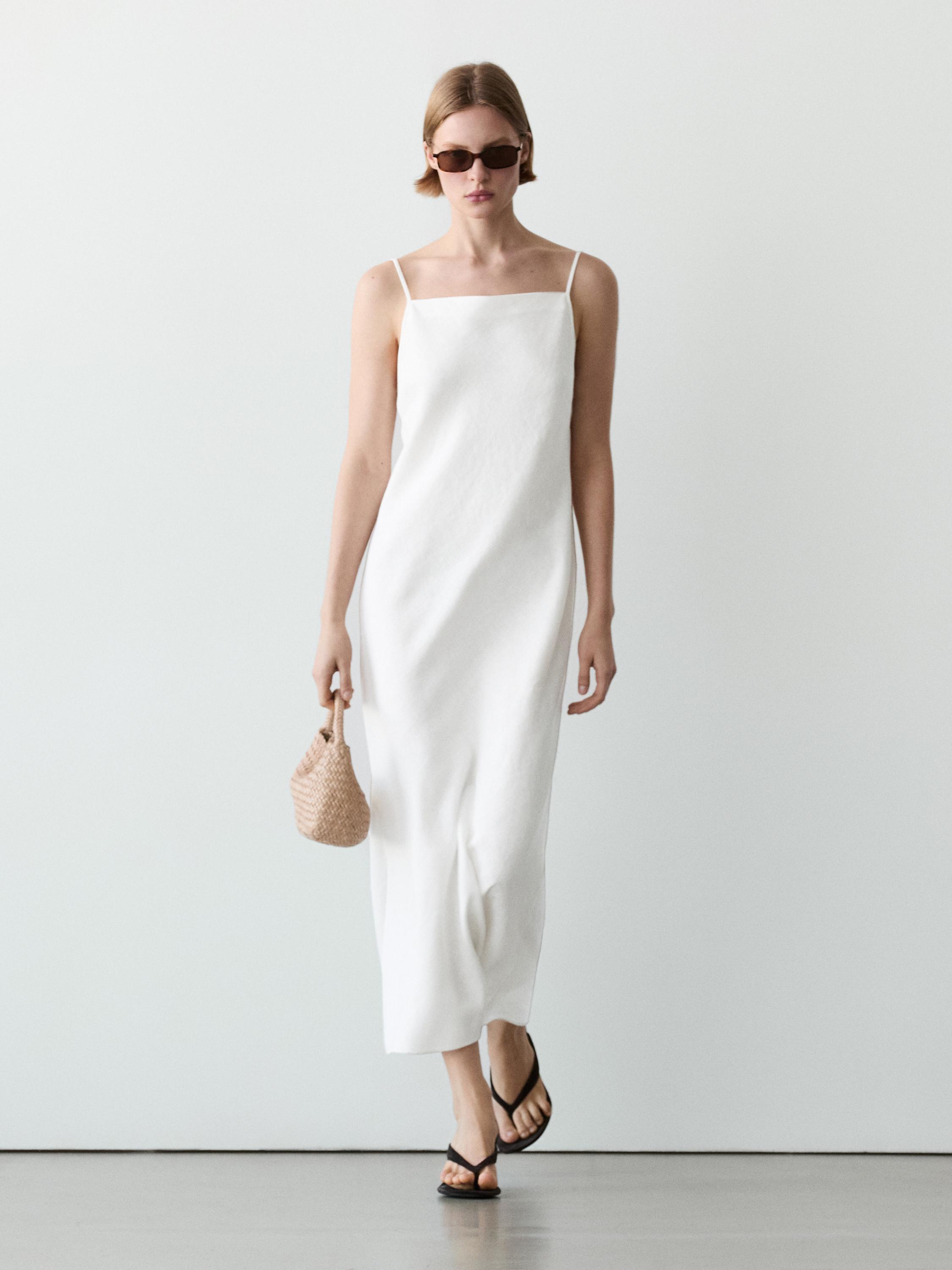 100% linen midi dress with straight neckline — WHITE