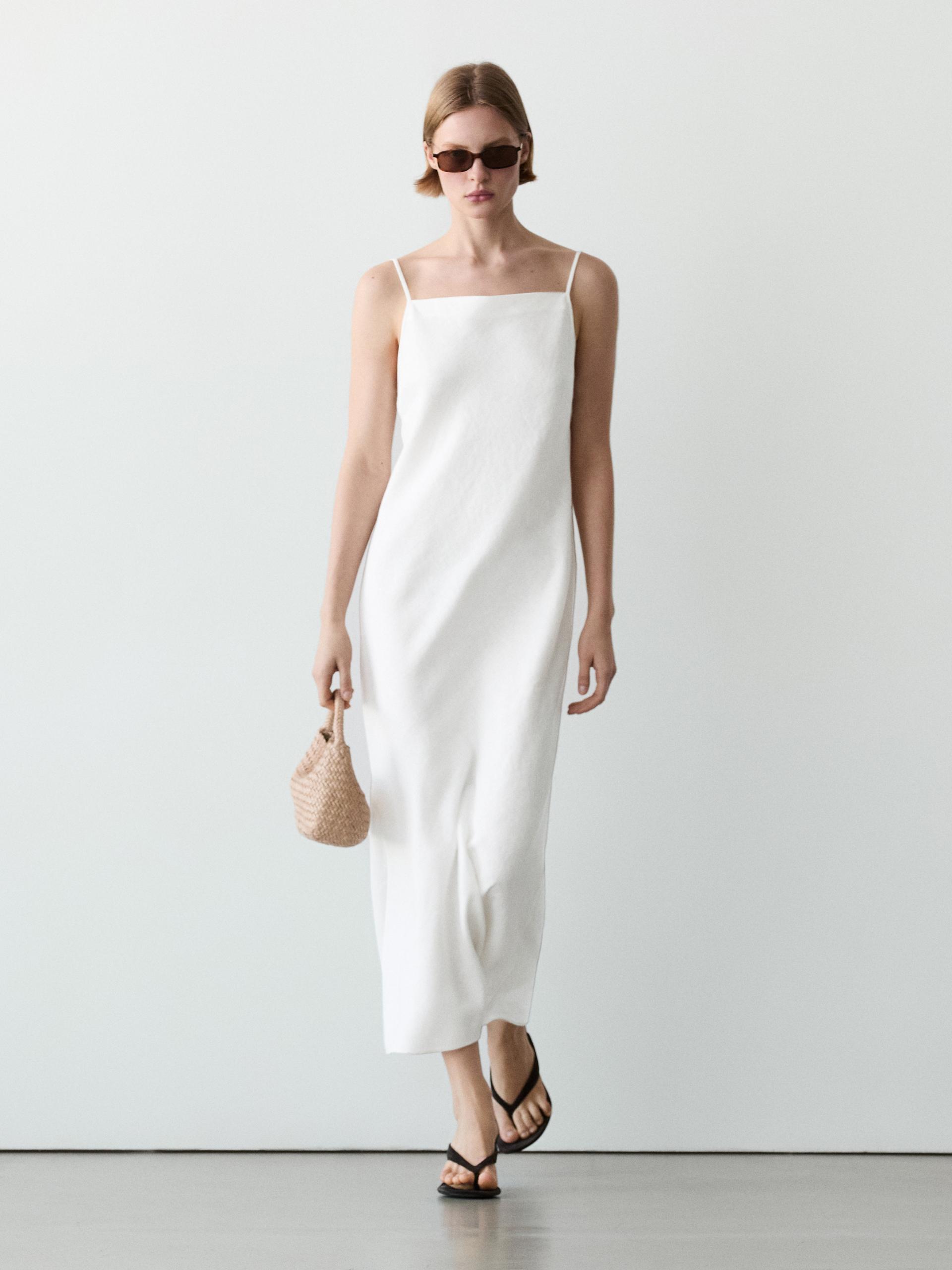 Robe Midi Encolure Droite 100 % Lin - Blanc - S - Massimo Dutti - Femme