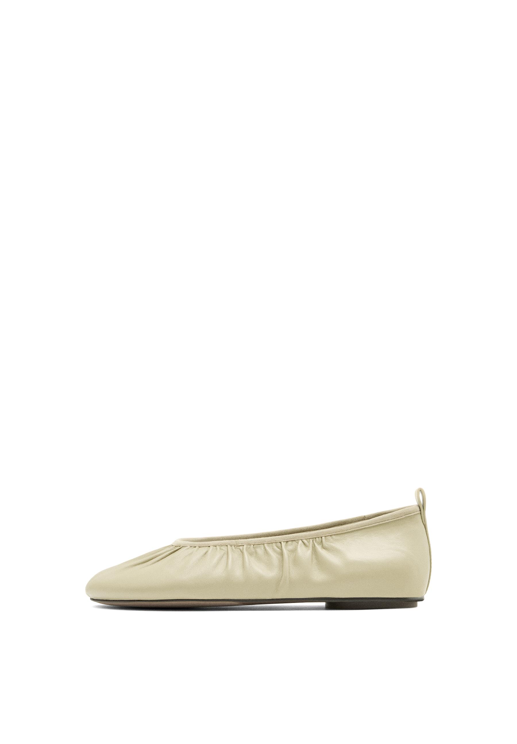 Soft leather ballet flats with gathered detail — BEIGE