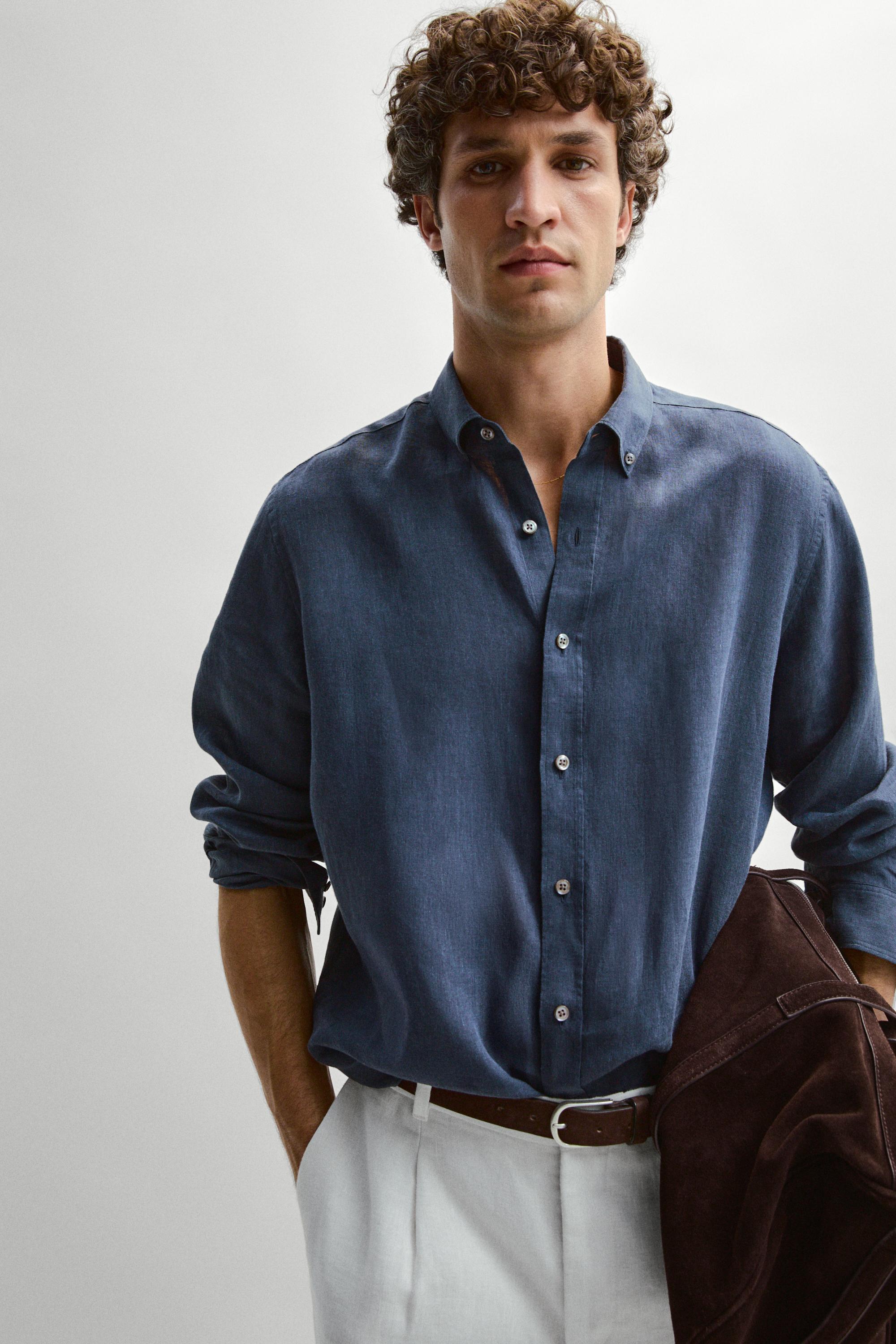 100% linen regular fit shirt — PETROL BLUE