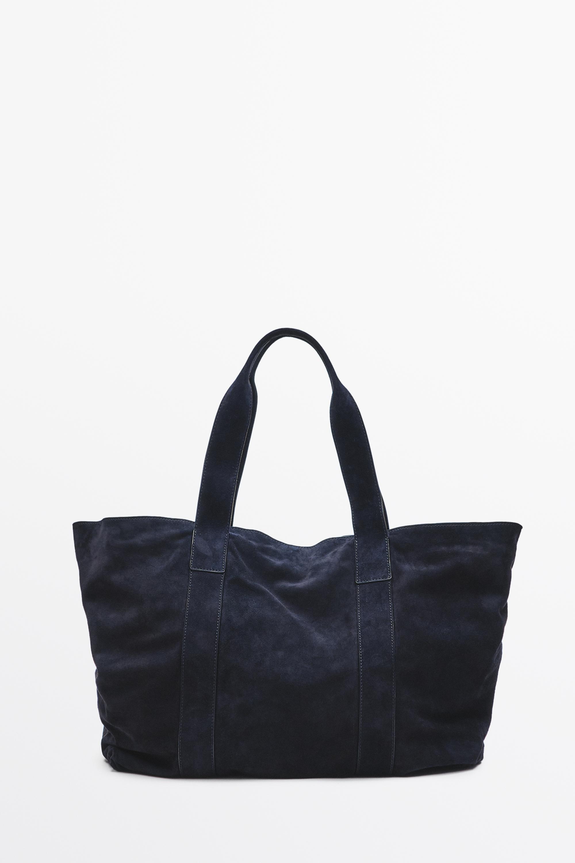 Split suede leather tote bag — NAVY BLUE
