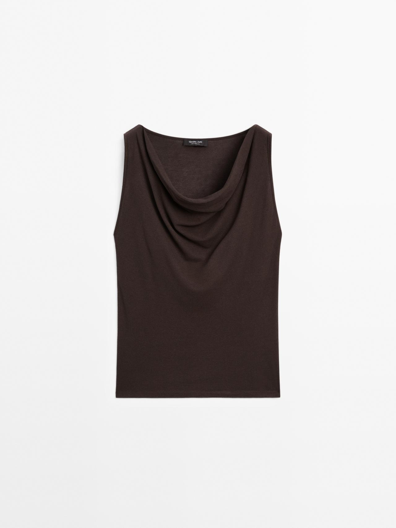 Massimo Dutti - Dames - 100% Katoenen Top Met Gedrapeerde Halslijn - Bruin - Xs