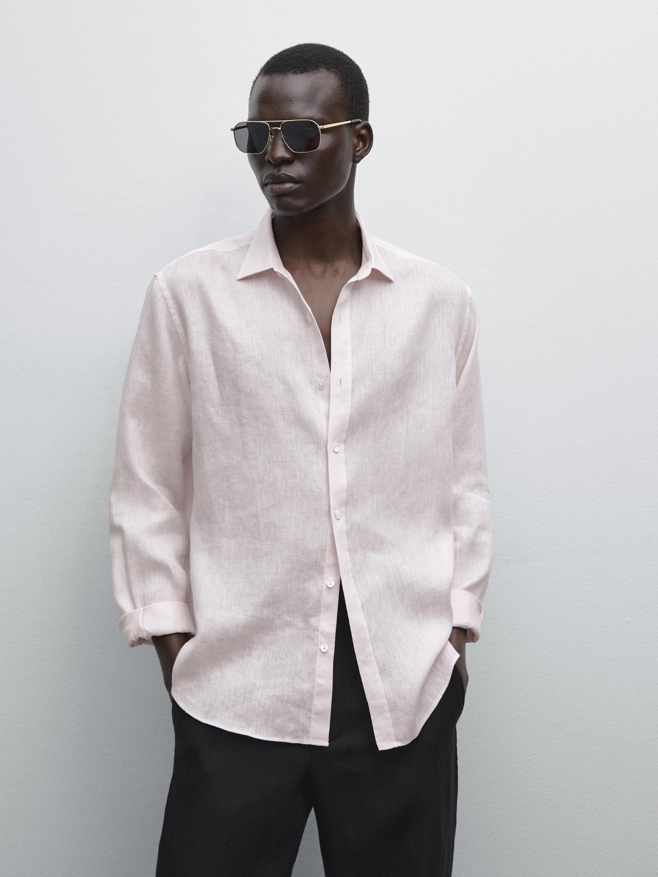 100% linen regular fit shirt · Pale Pink · Shirts Massimo Dutti