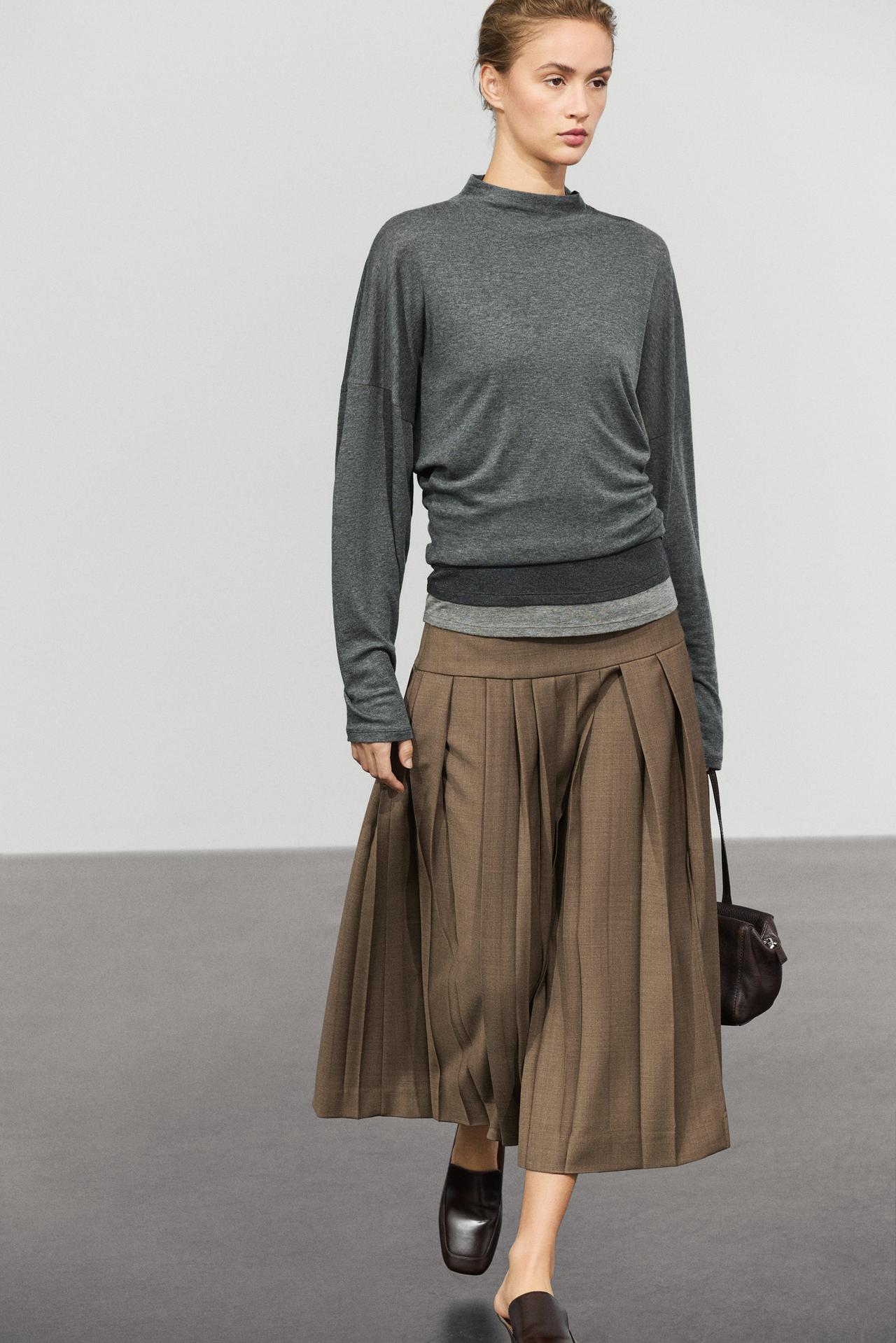 Pleated wool-blend midi skirt — BROWN