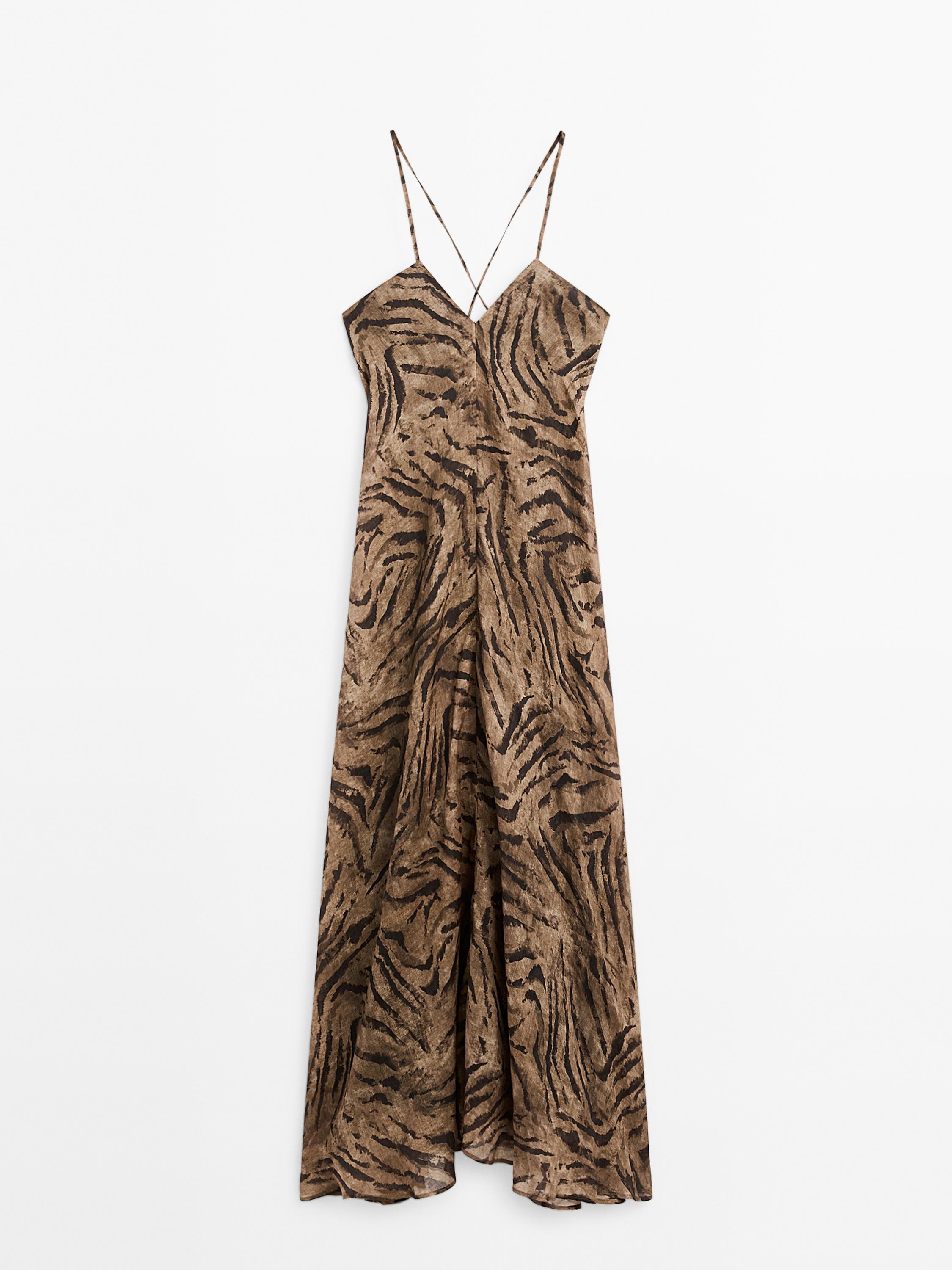 Langes Kleid aus Ramiemischgewebe mit Animalprint