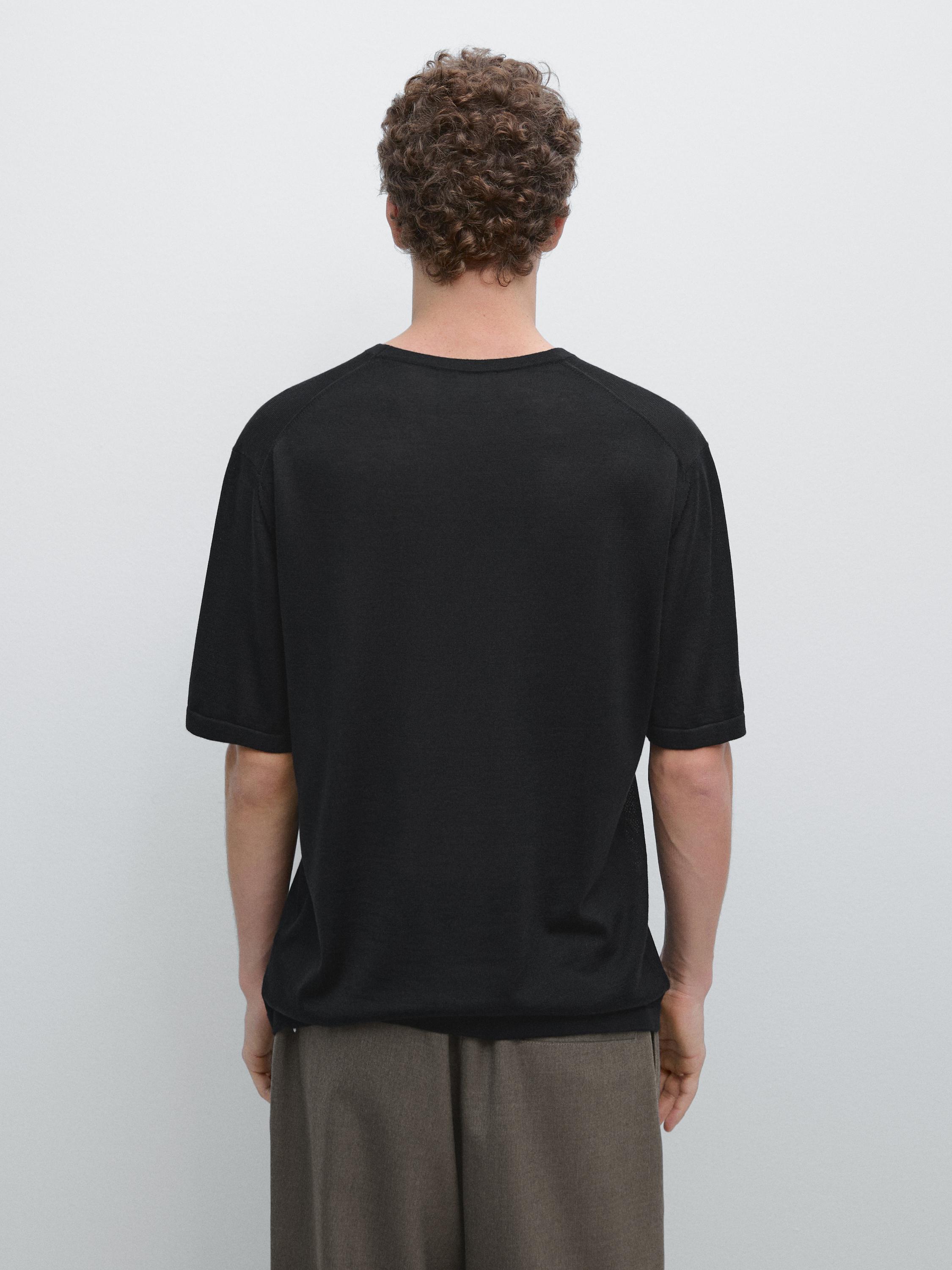 Wool-blend short-sleeve knit sweater — BLACK