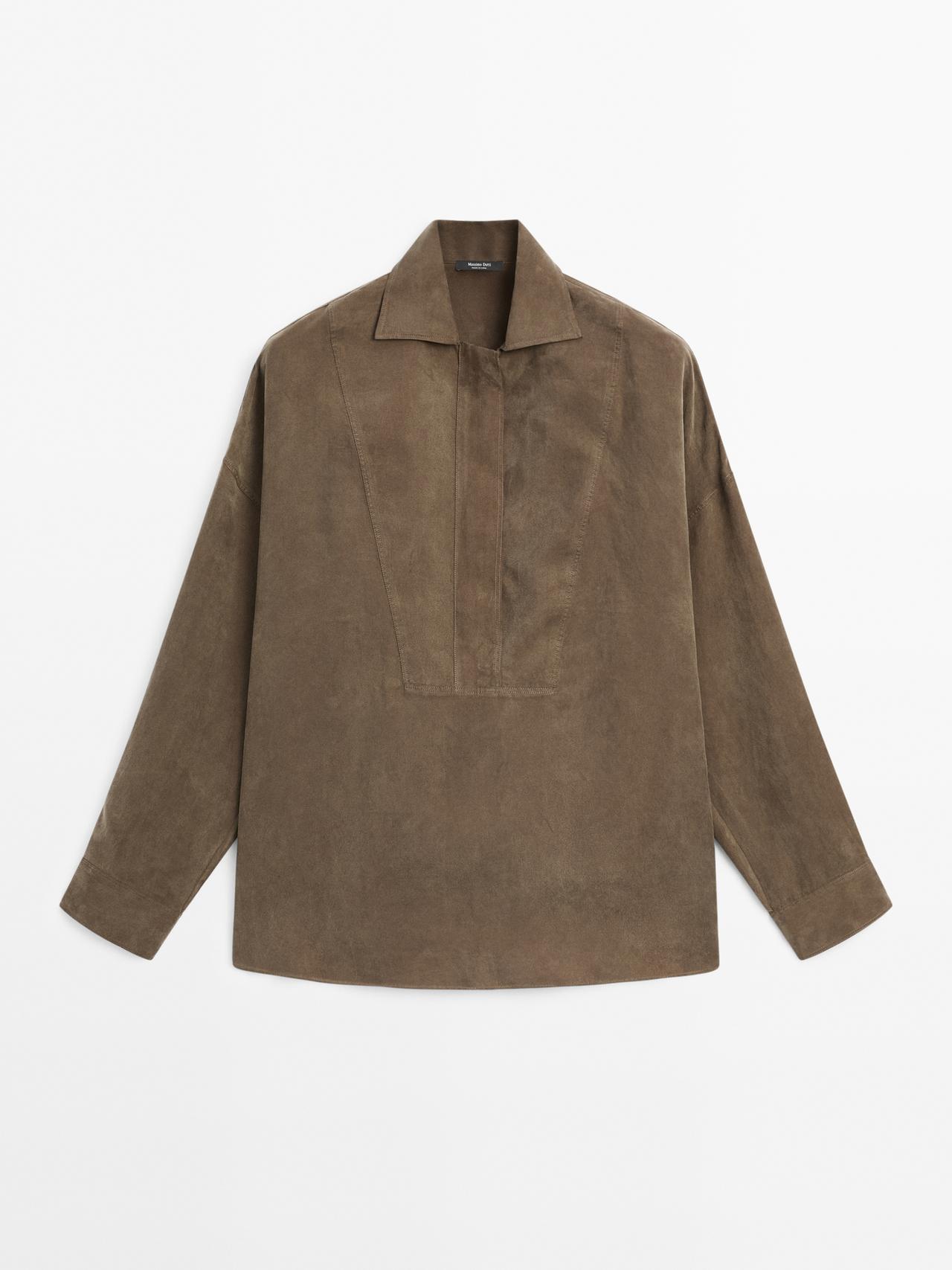 Massimo Dutti - Dame - Blouse With Zip On The Chest - Brun - S