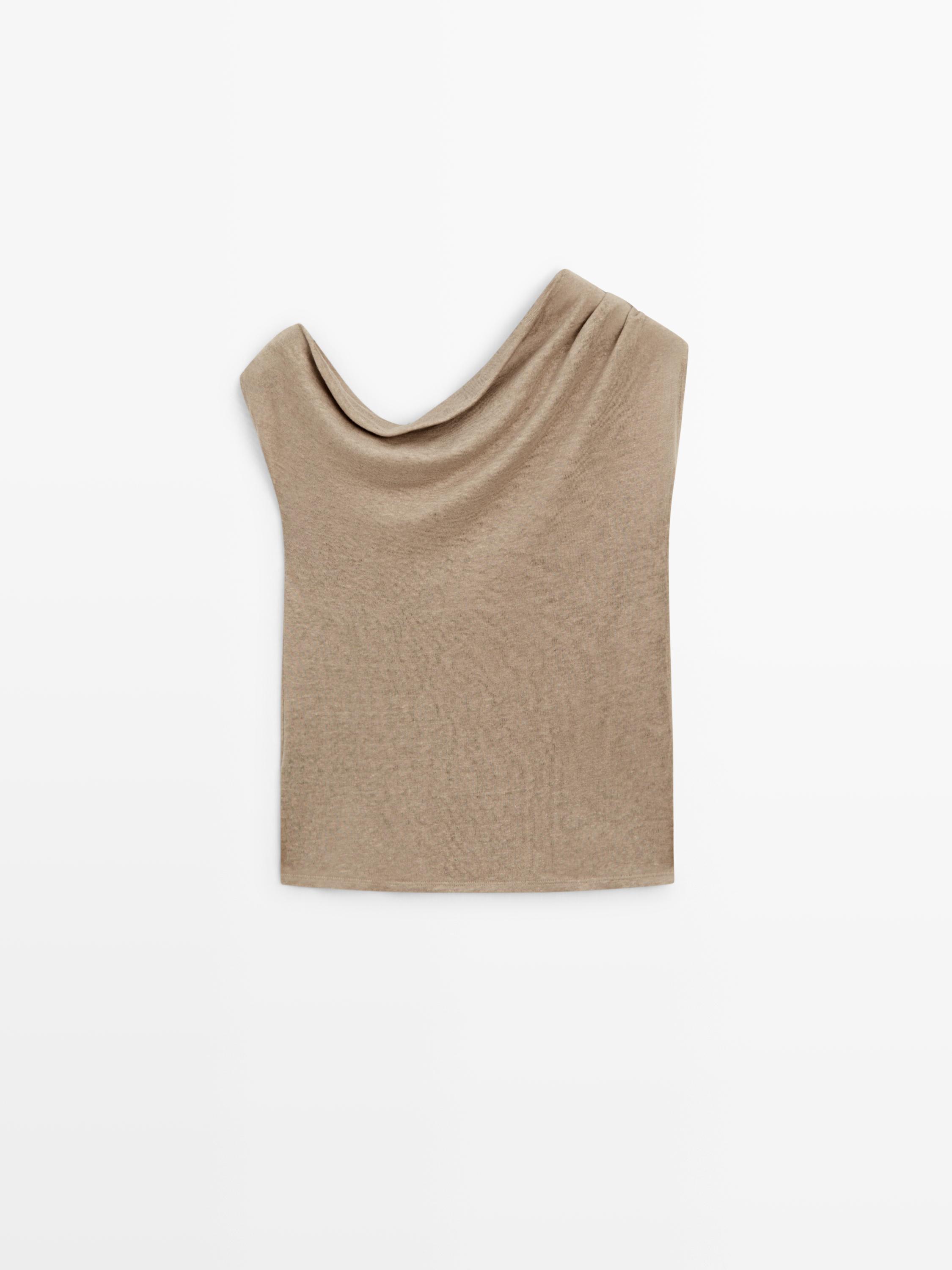 Asymmetric linen blend top with draped detail — Washed