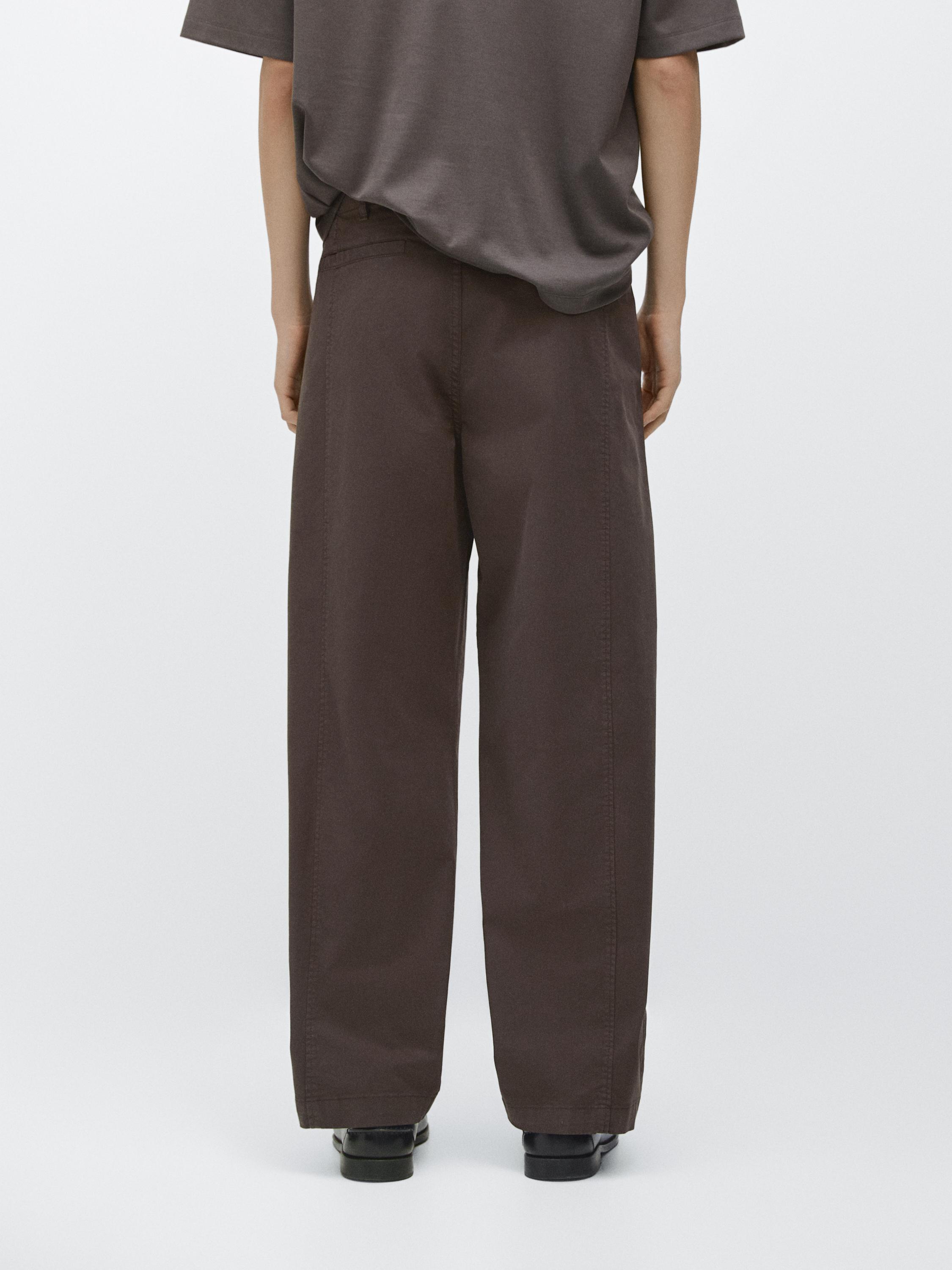 Cotton blend barrel fit trousers — BROWN