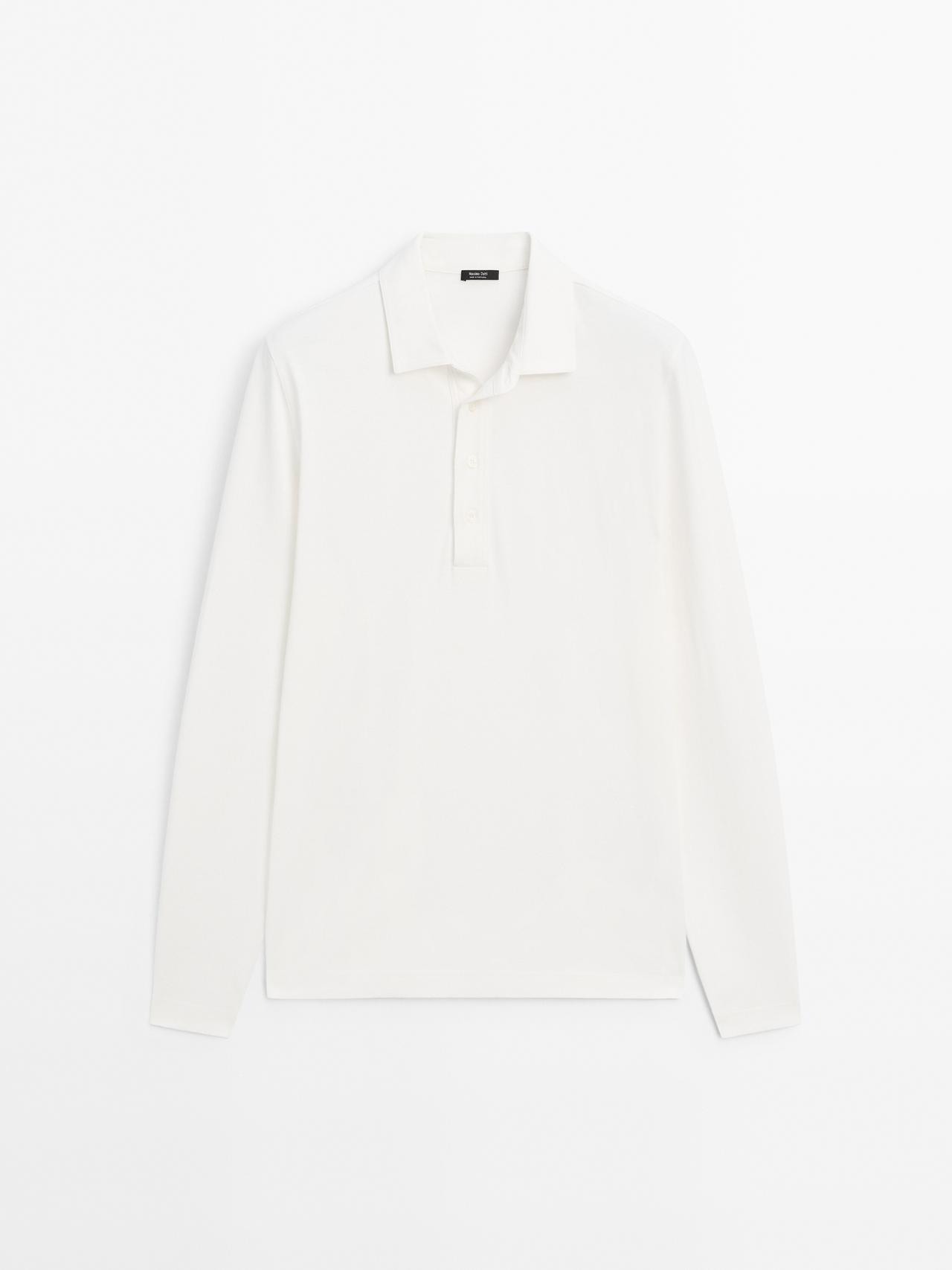 Massimo Dutti - Herre - Langærmet Poloshirt I 100 % Bomuld - Råhvid - M