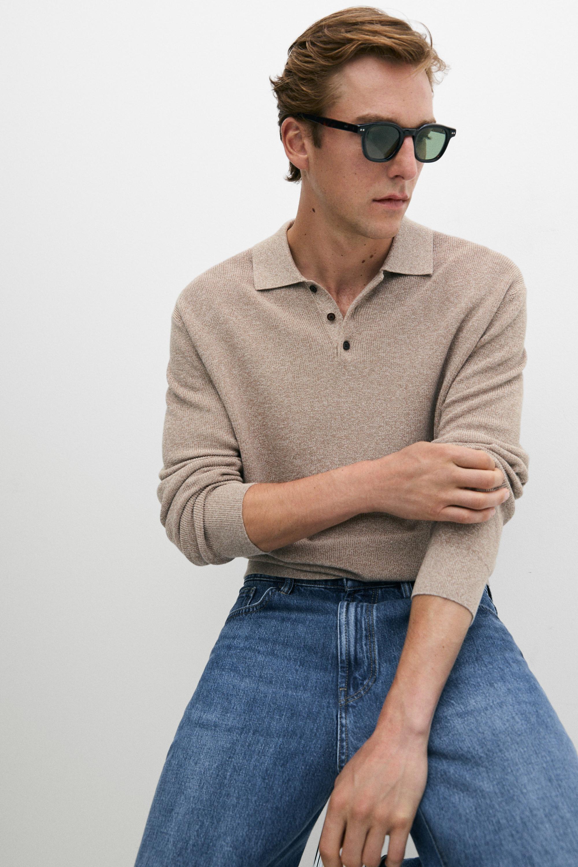 100% cotton mouliné polo sweater — BEIGE