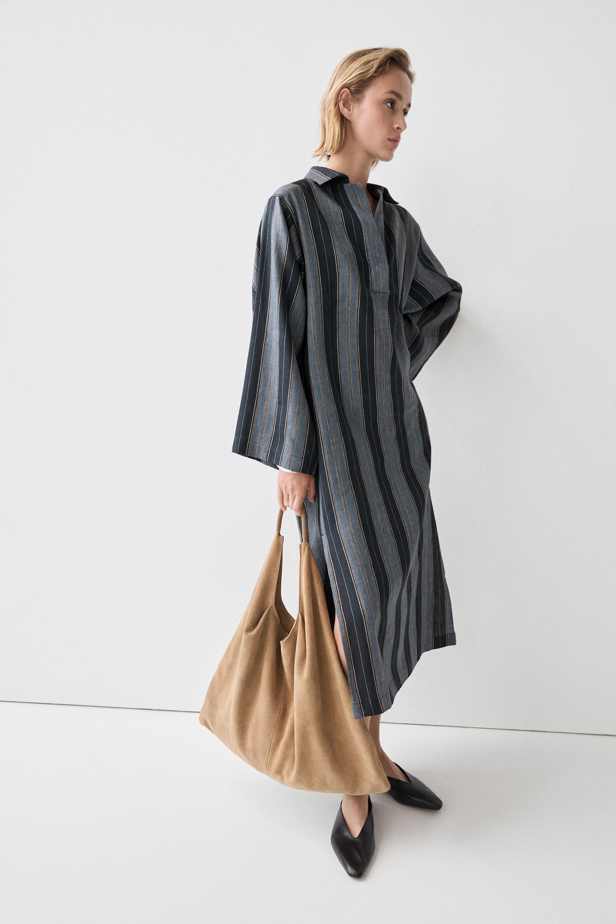 Striped linen cotton blend kaftan — BLUE