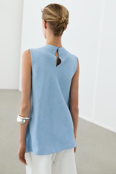 Flowing linen blend pleated top — SKY BLUE 5