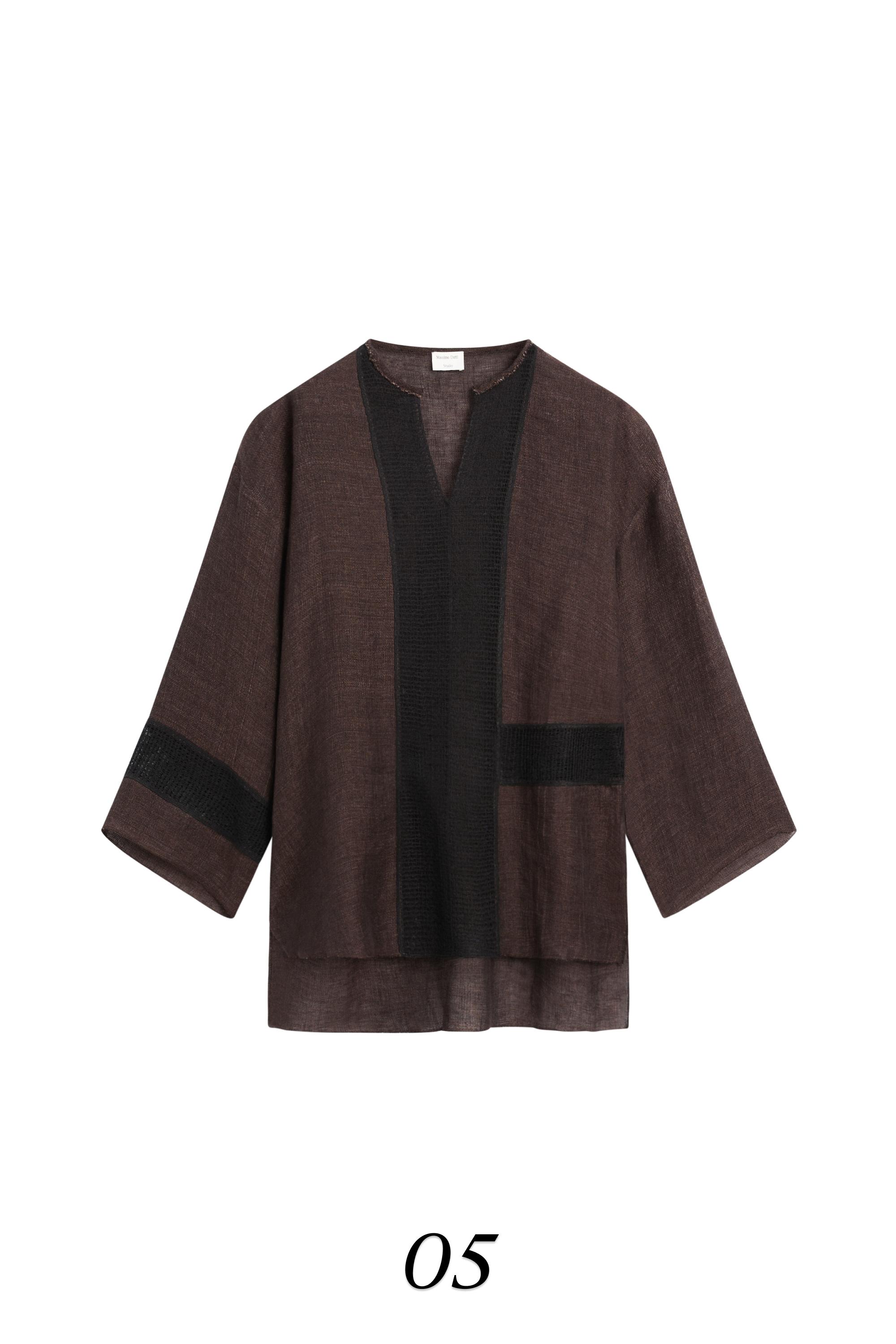 Flowing oversize linen blend blouse with lace trim — BROWN MARL