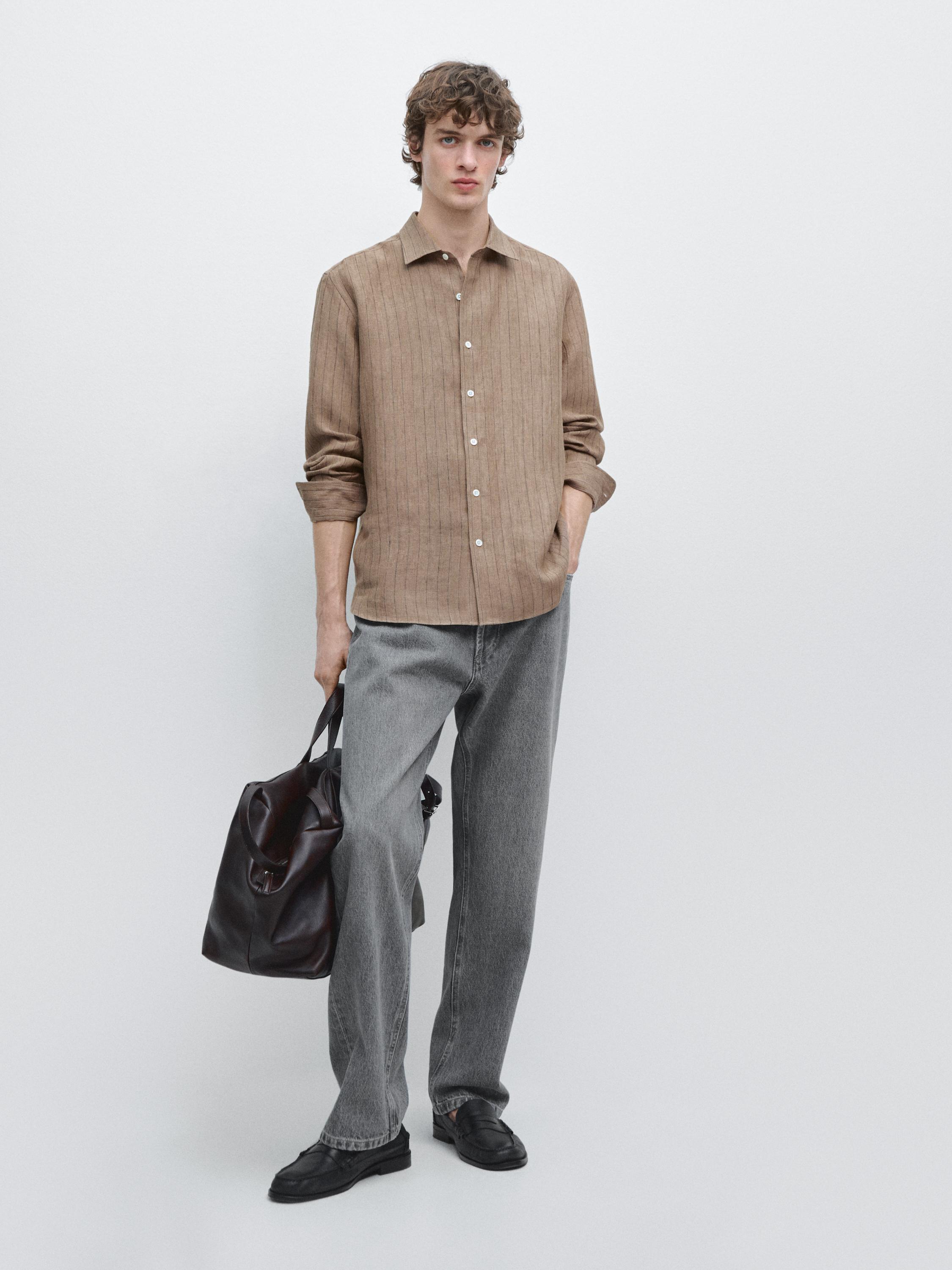 Regular fit 100% linen striped shirt — BEIGE