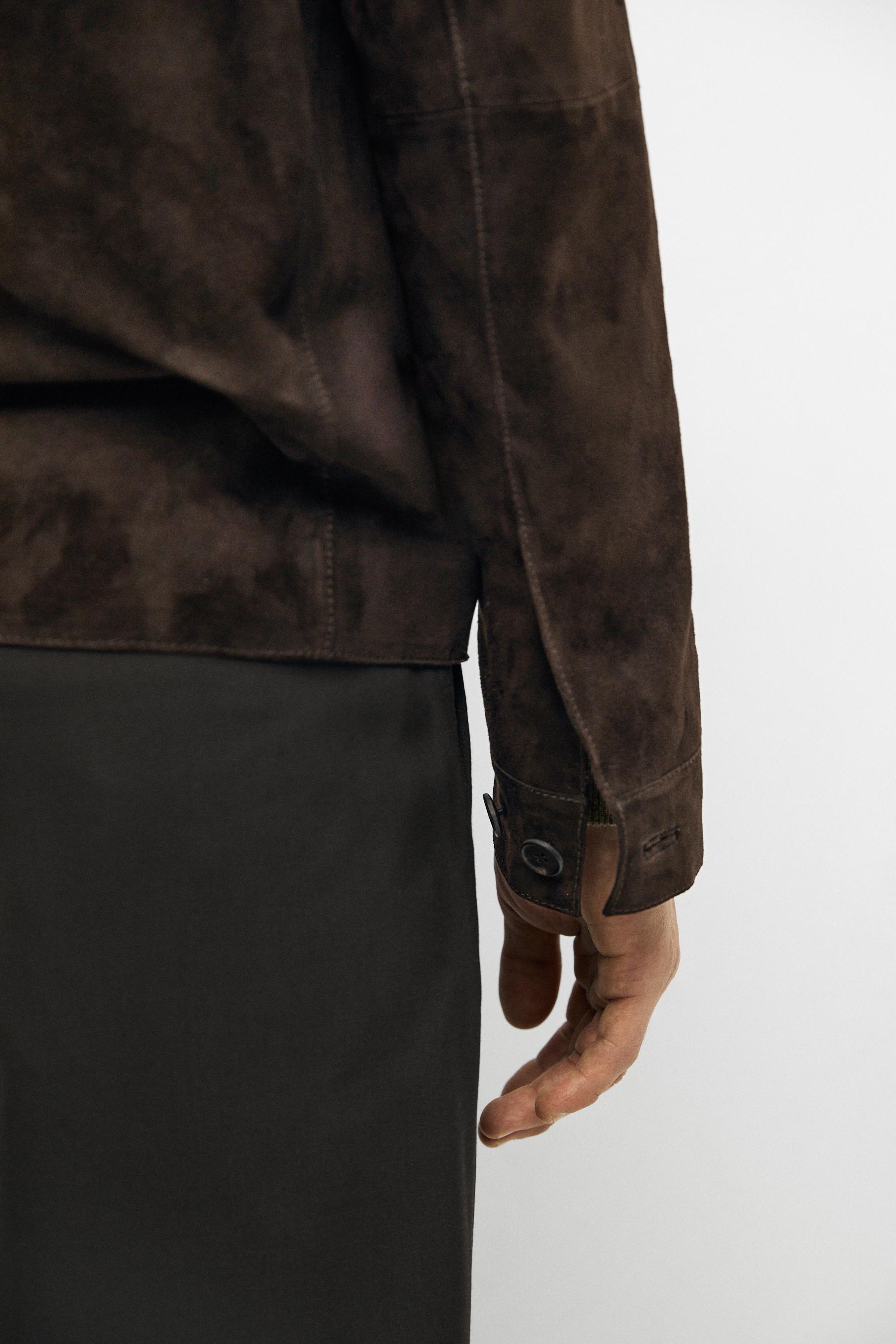 Suede leather pocket overshirt — Chocolate