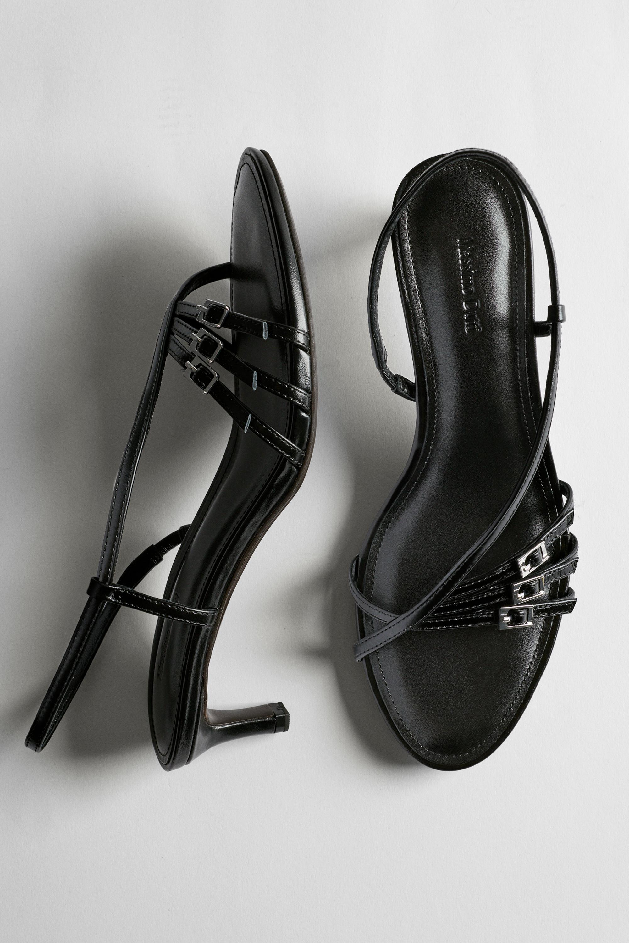 Leather heeled sandals with buckles — BLACK