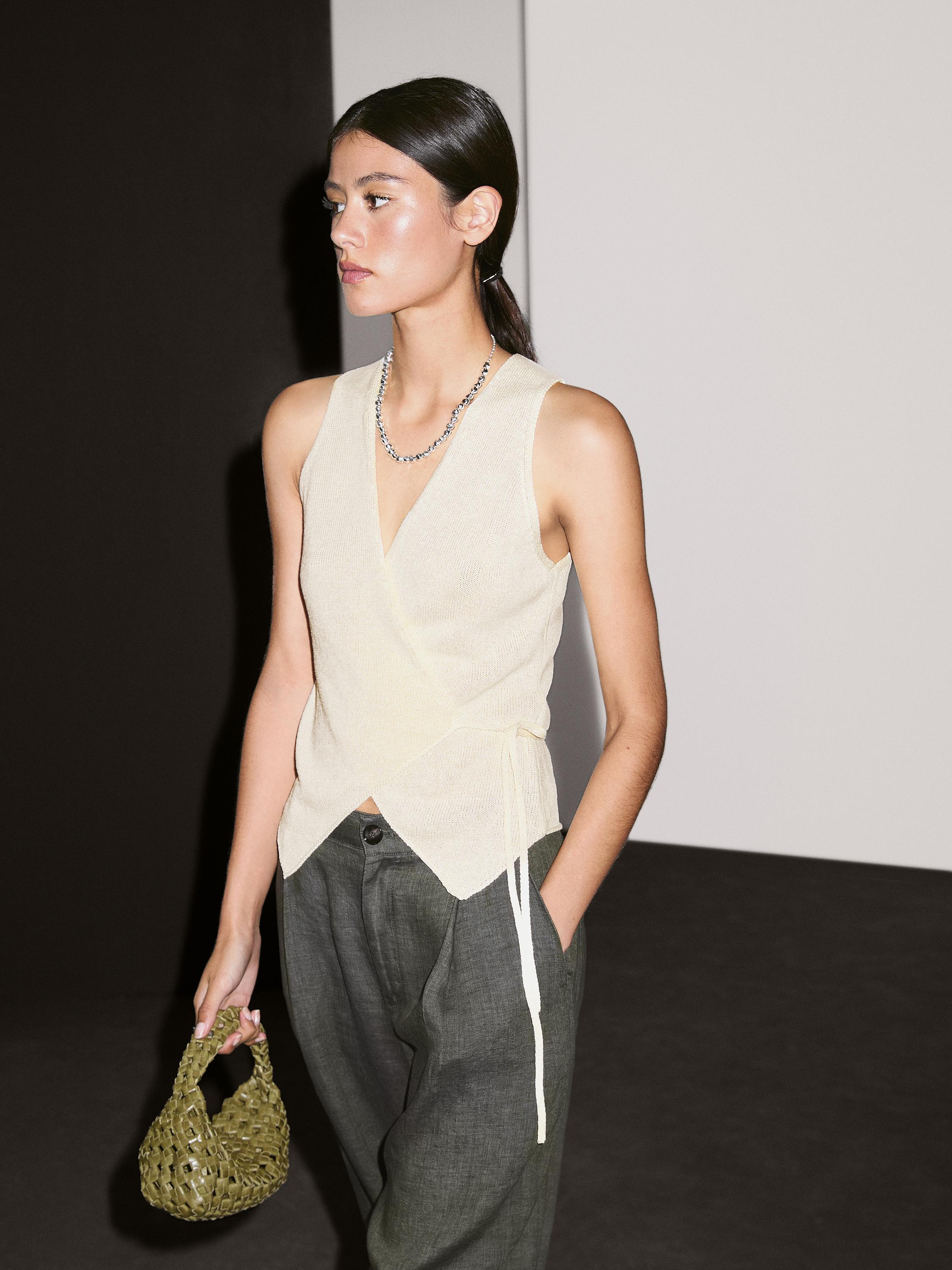 Knit crossover waistcoat with drawstring