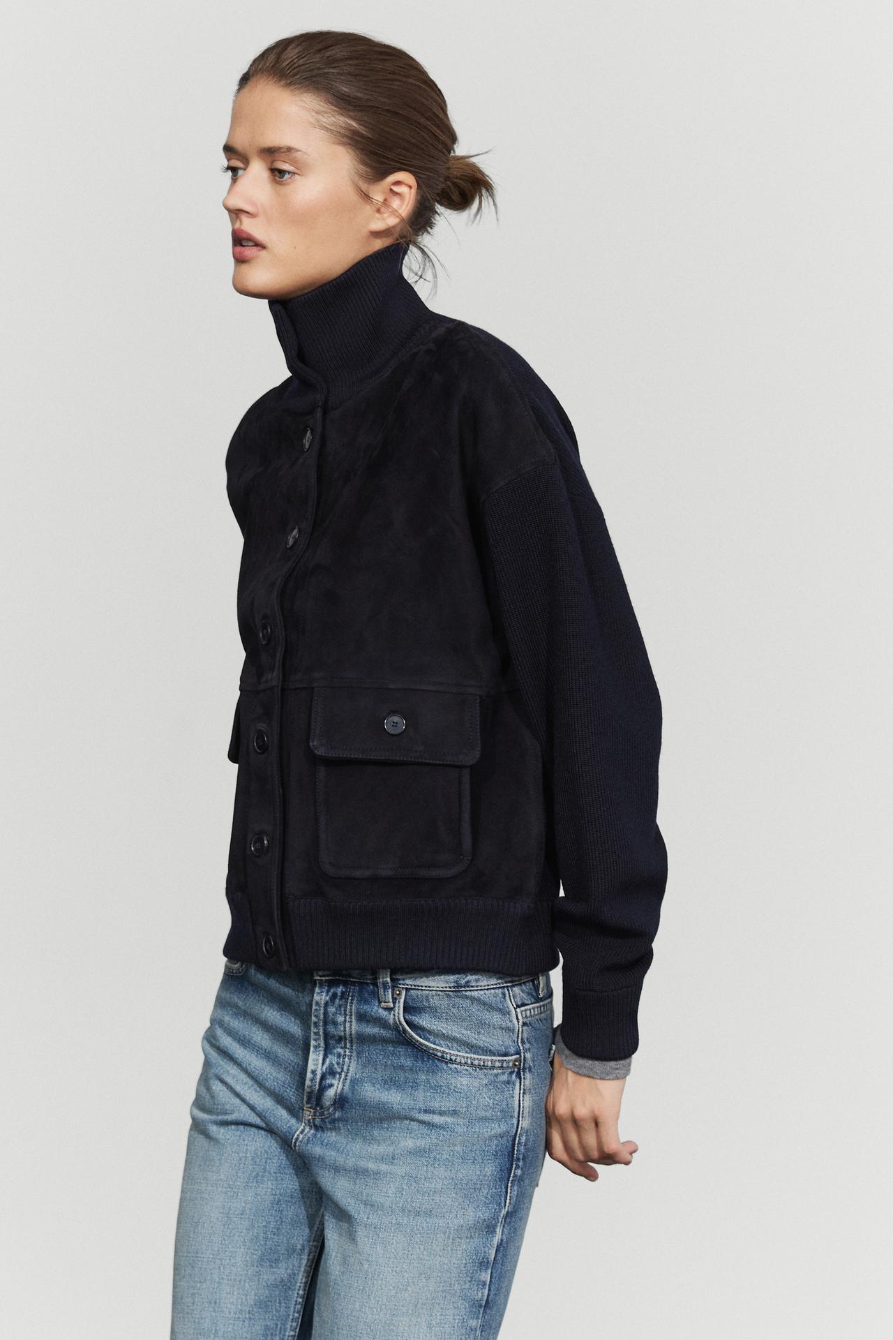 Contrast Suede leather jacket — NAVY BLUE