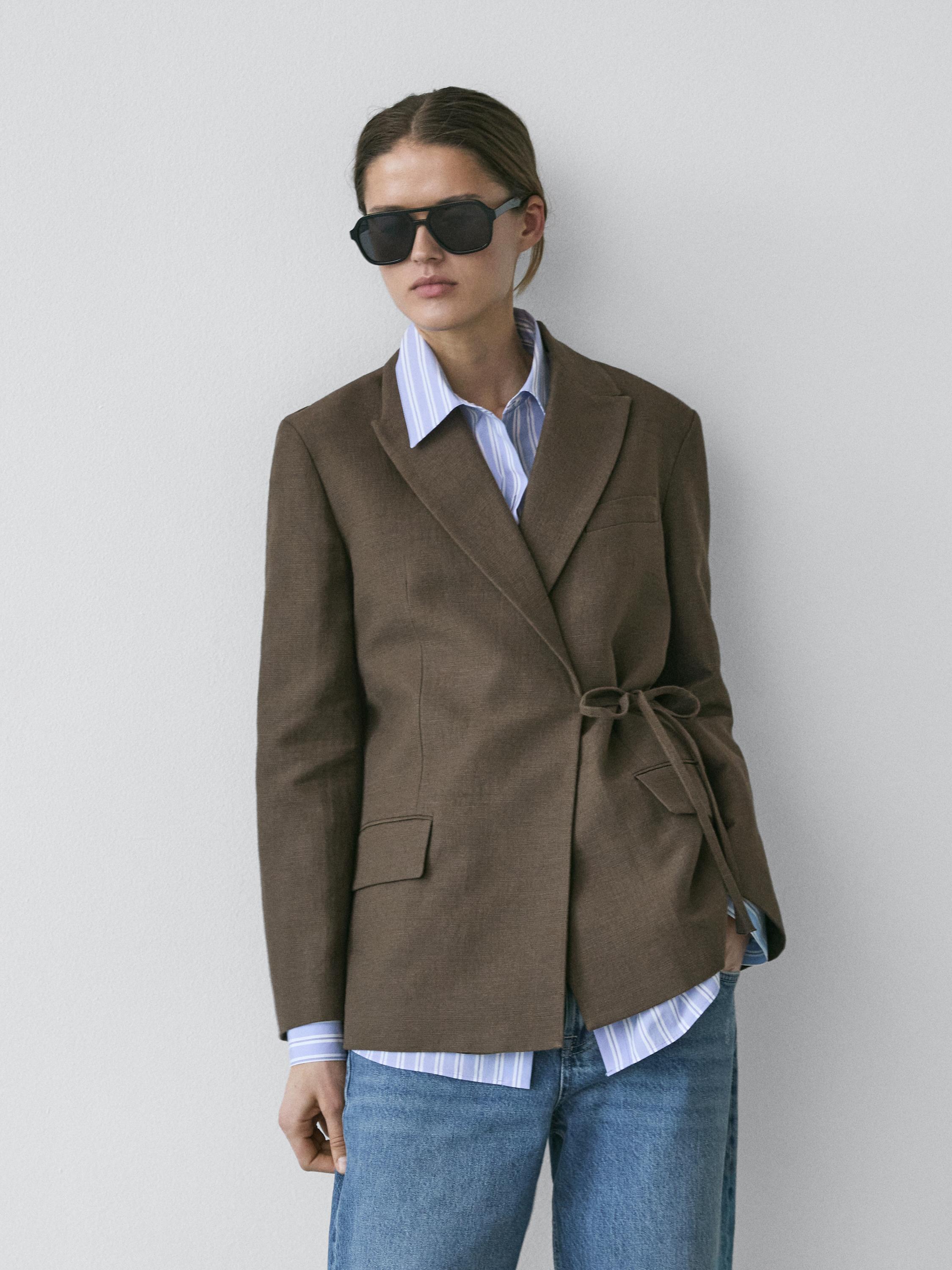 Double-breasted cotton blend blazer with tie detail — DARK GREEN