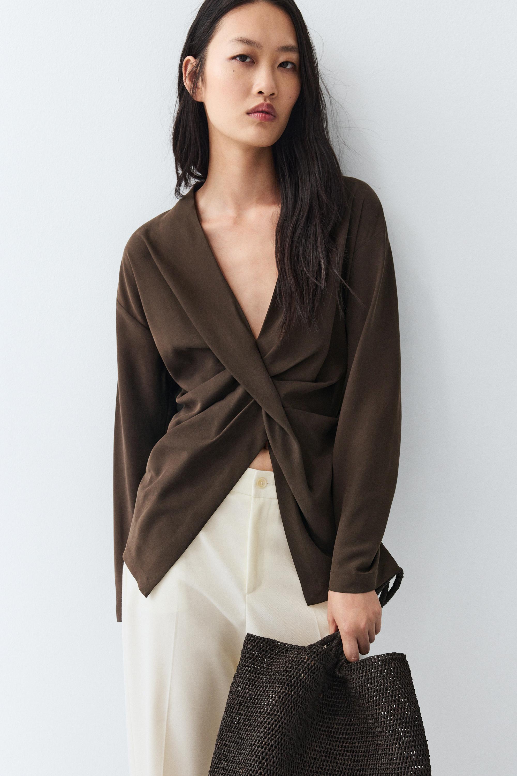 Flowing blouse with draped detail — BROWN